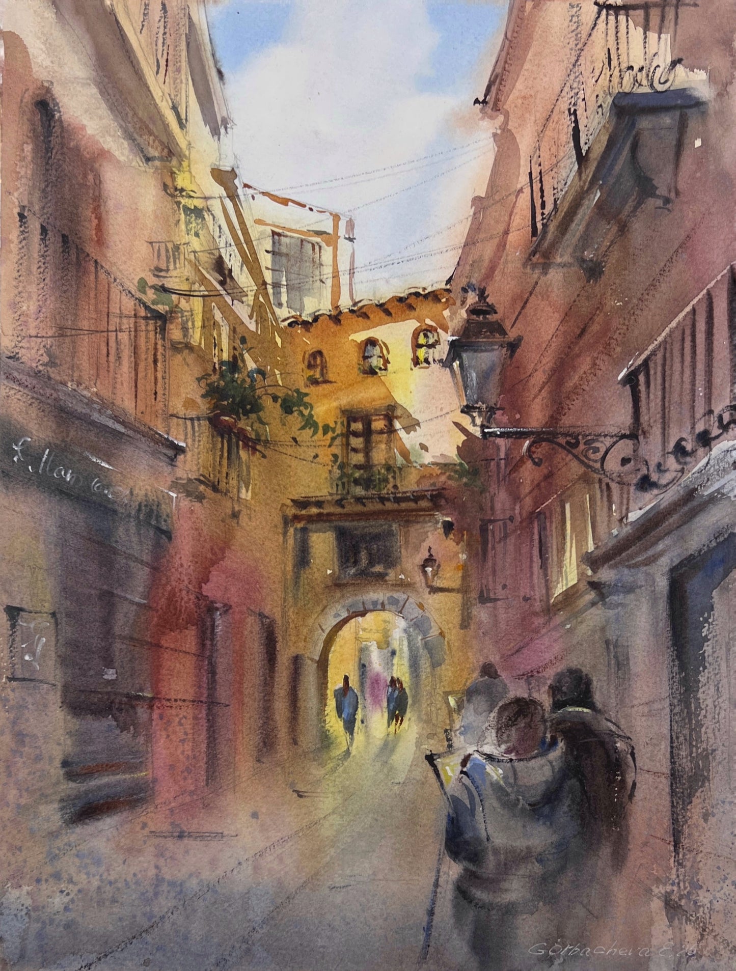 Valencia Alley Watercolor Painting, Original Spanish Cityscape Art, Spanish Afterglow 12x16 (Copy)