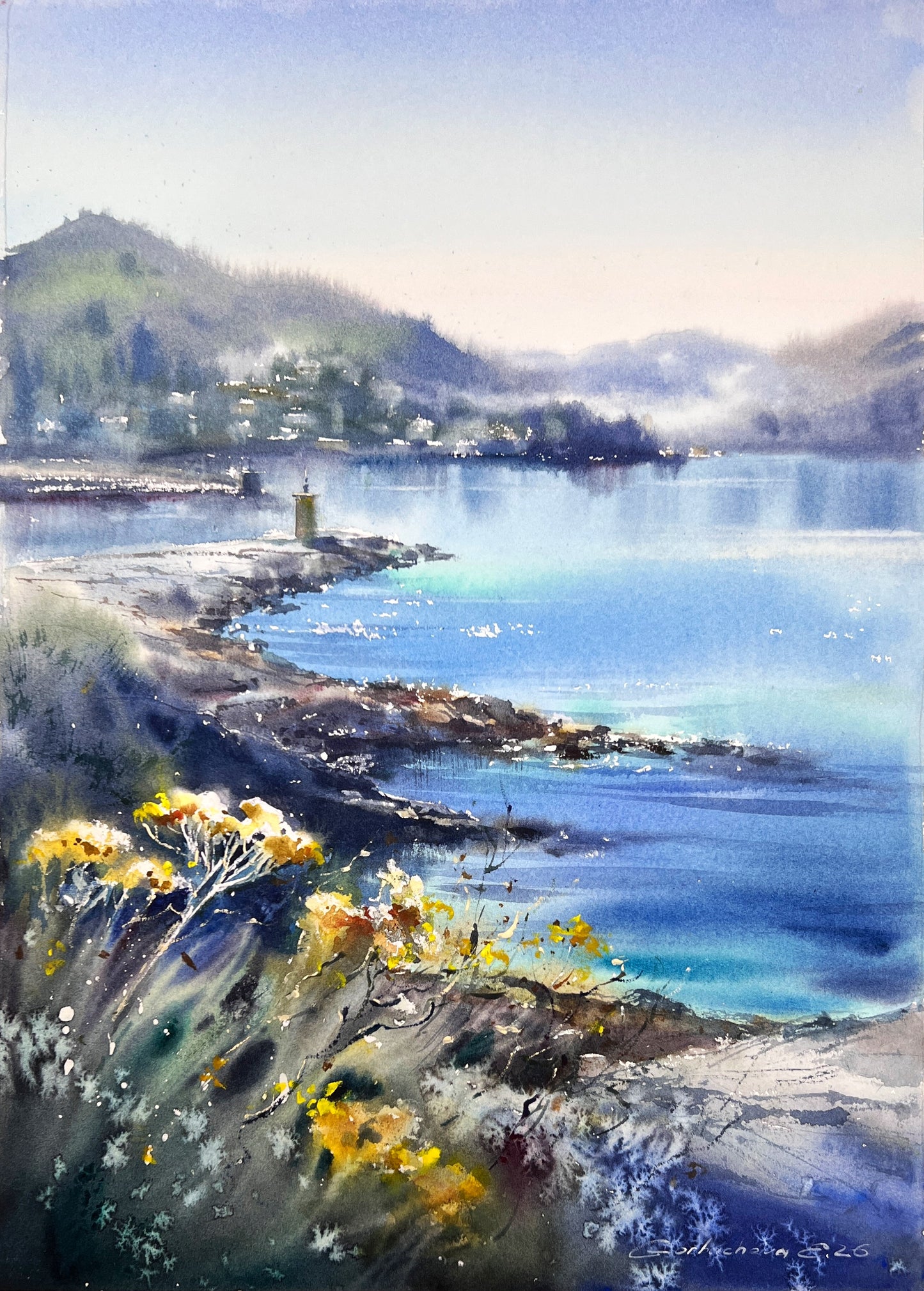 Liguria Italy Watercolor, Italian Riviera Seascape, Liguria in Soft Light  12x16 in
