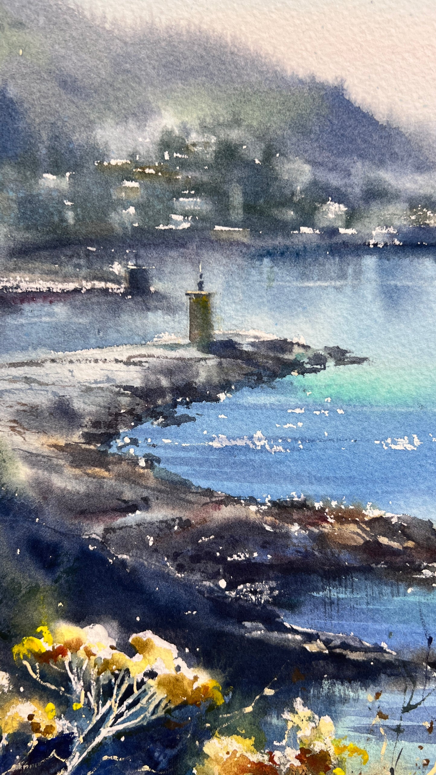 Liguria Italy Watercolor, Italian Riviera Seascape, Liguria in Soft Light  12x16 in