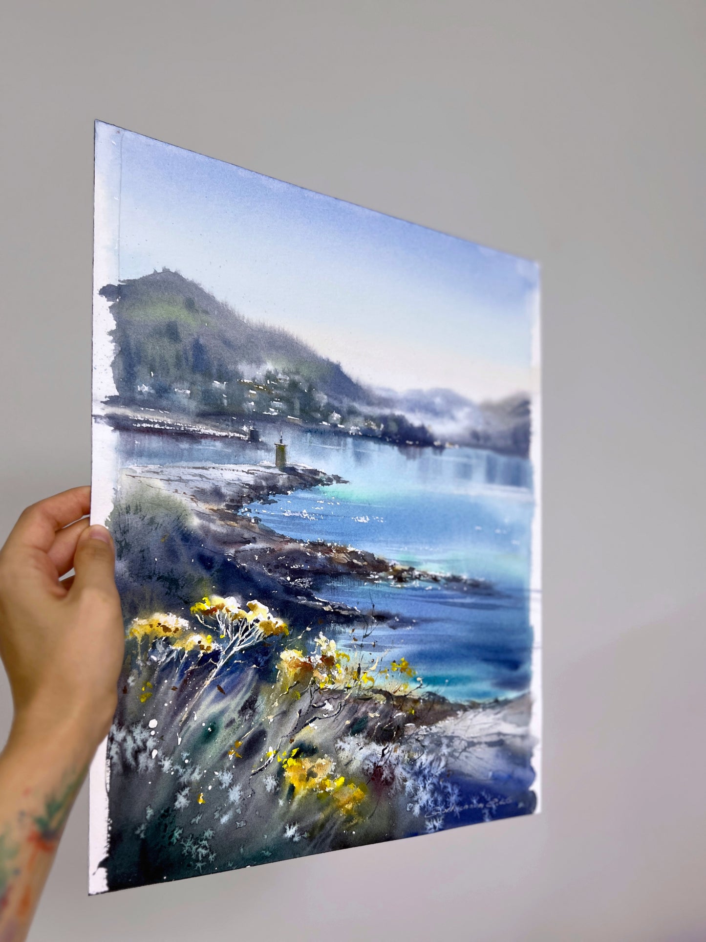 Liguria Italy Watercolor, Italian Riviera Seascape, Liguria in Soft Light  12x16 in