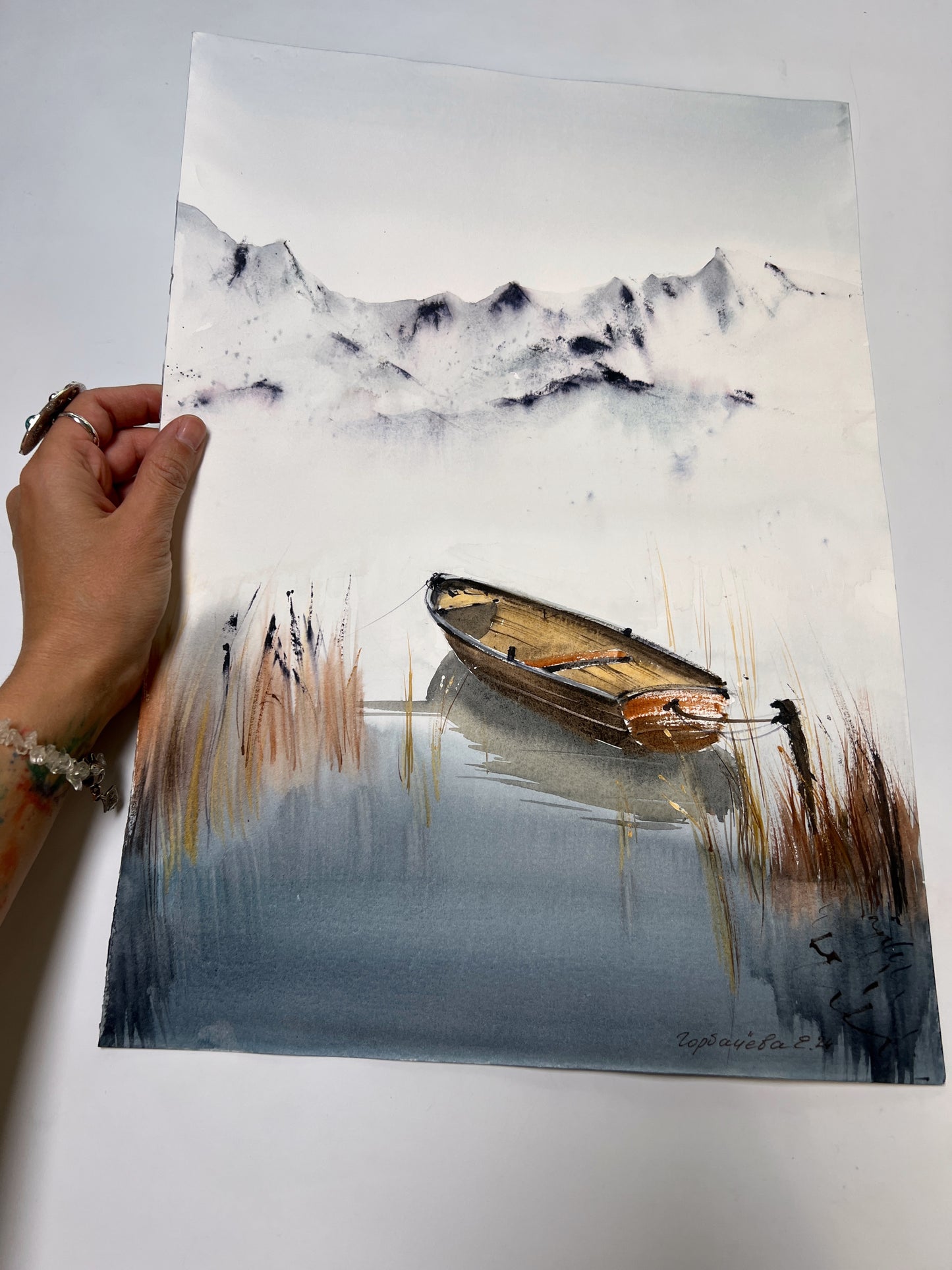 Original Watercolor Painting - 'Boat on a Mountain Lake #2' Featuring Fall Landscape & Snowy Mountains