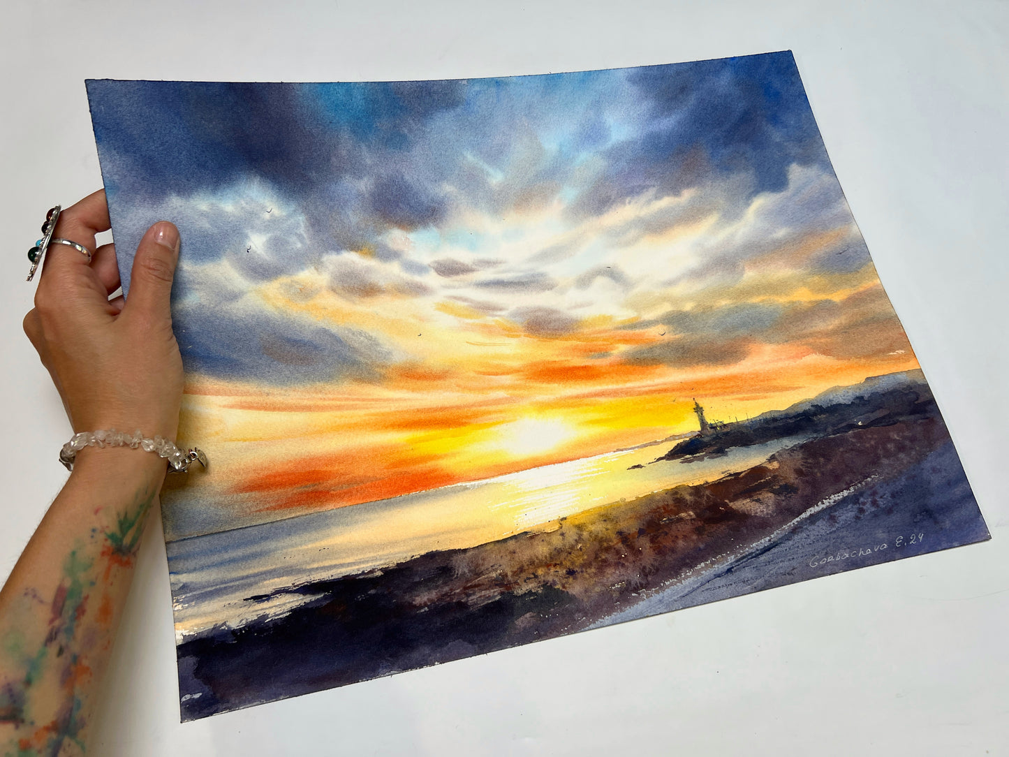 Lighthouse at sunset #4 - Original Painting Watercolour Sunset Artwork, Serene Coastal Scene for Relaxing Spaces