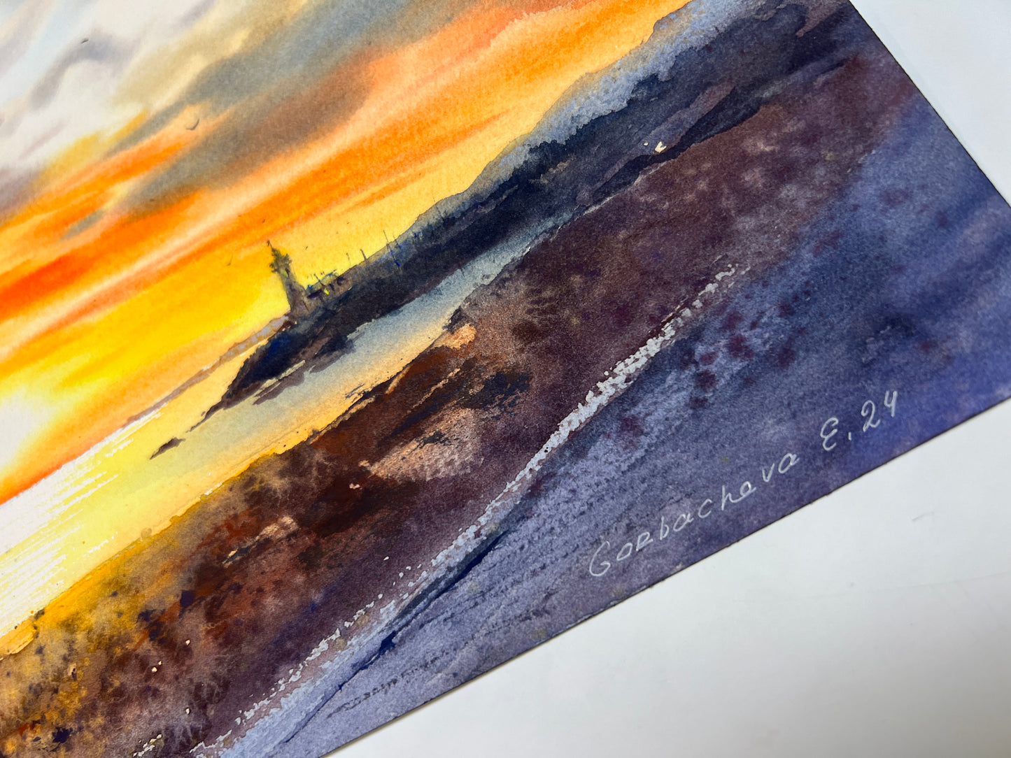 Lighthouse at sunset #4 - Original Painting Watercolour Sunset Artwork, Serene Coastal Scene for Relaxing Spaces