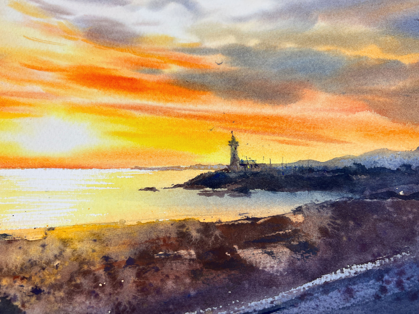 Lighthouse at sunset #4 - Original Painting Watercolour Sunset Artwork, Serene Coastal Scene for Relaxing Spaces