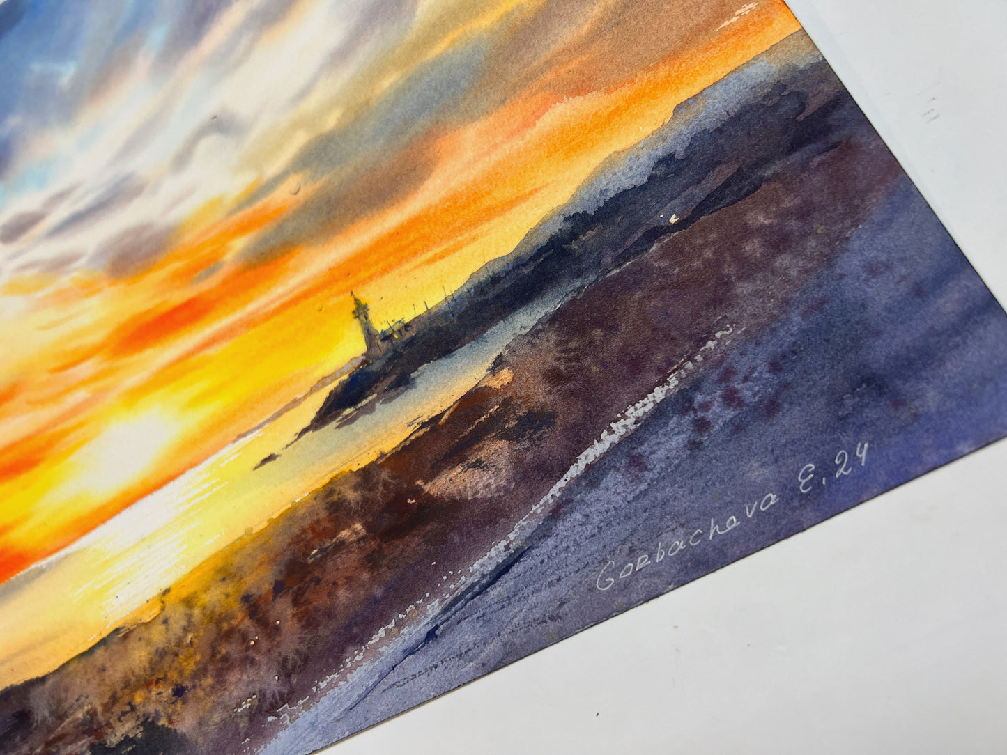 Lighthouse at sunset #4 - Original Painting Watercolour Sunset Artwork, Serene Coastal Scene for Relaxing Spaces