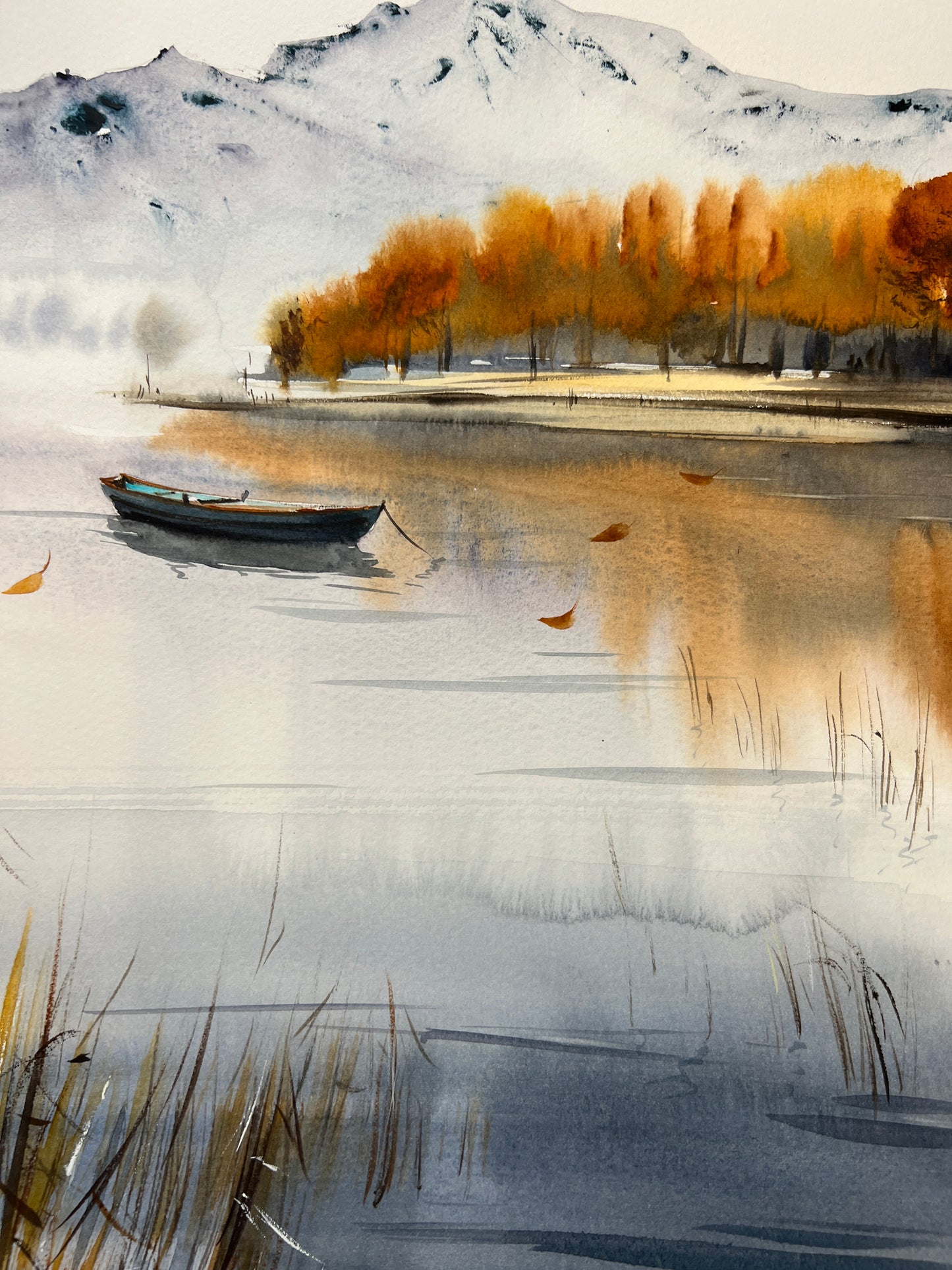 Watercolor Original Lake Painting - 'Boat on a Mountain Lake' with Fall Forest - Beautiful Nature Art for Living Space