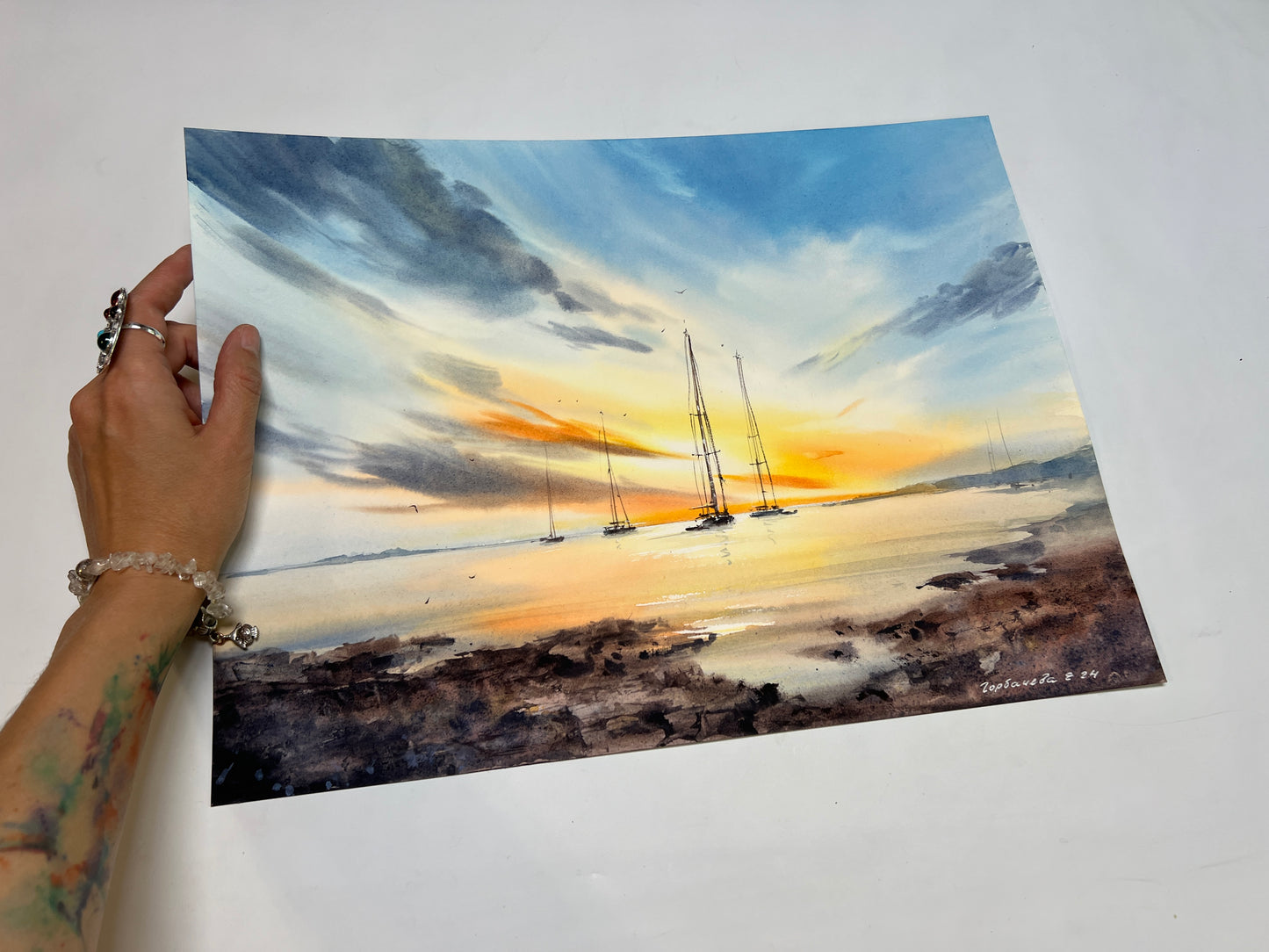 Watercolor Yachts at Sunset #20, Original Artwork, Coastal Painting 12x16