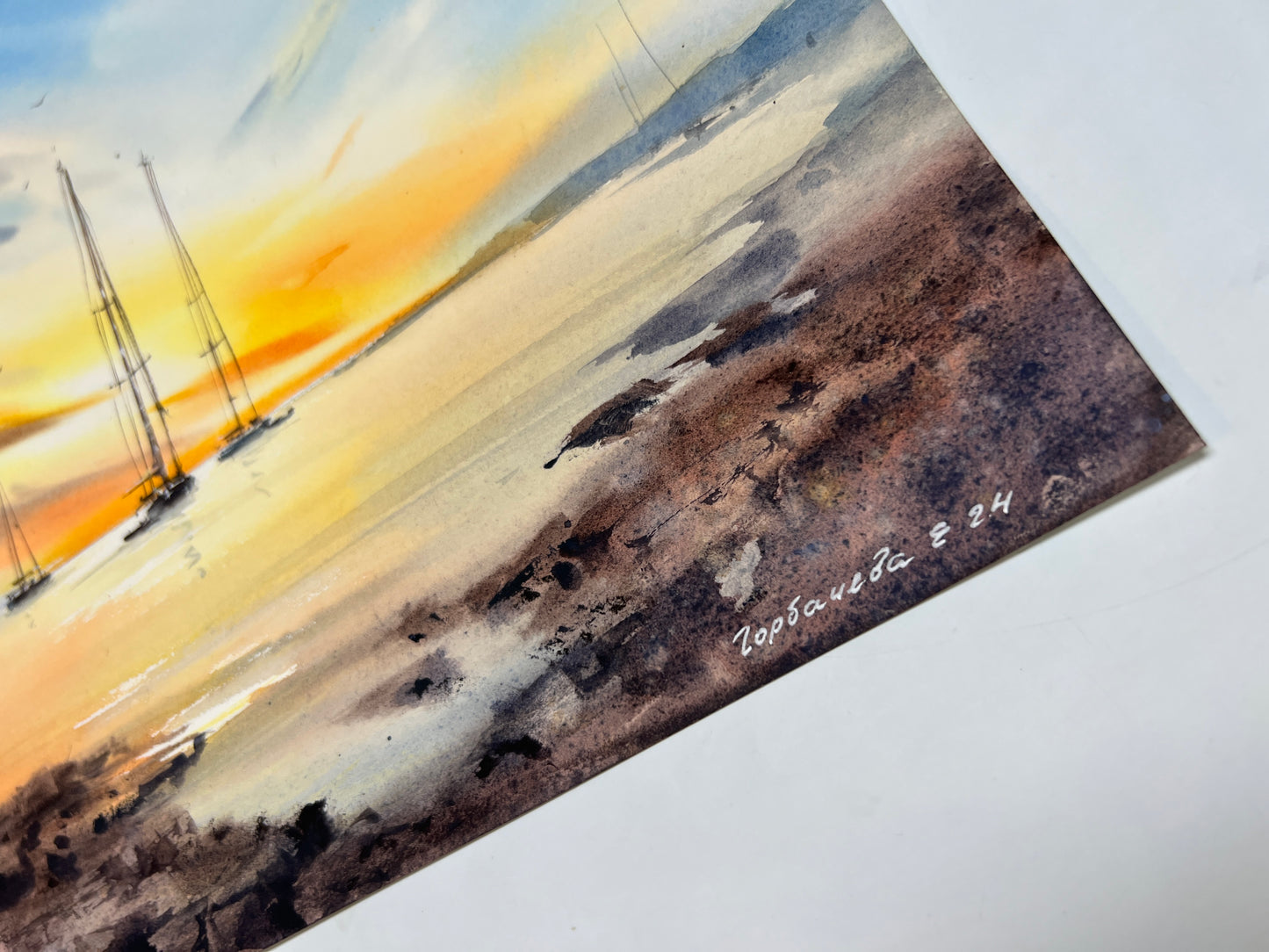 Watercolor Yachts at Sunset #20, Original Artwork, Coastal Painting 12x16