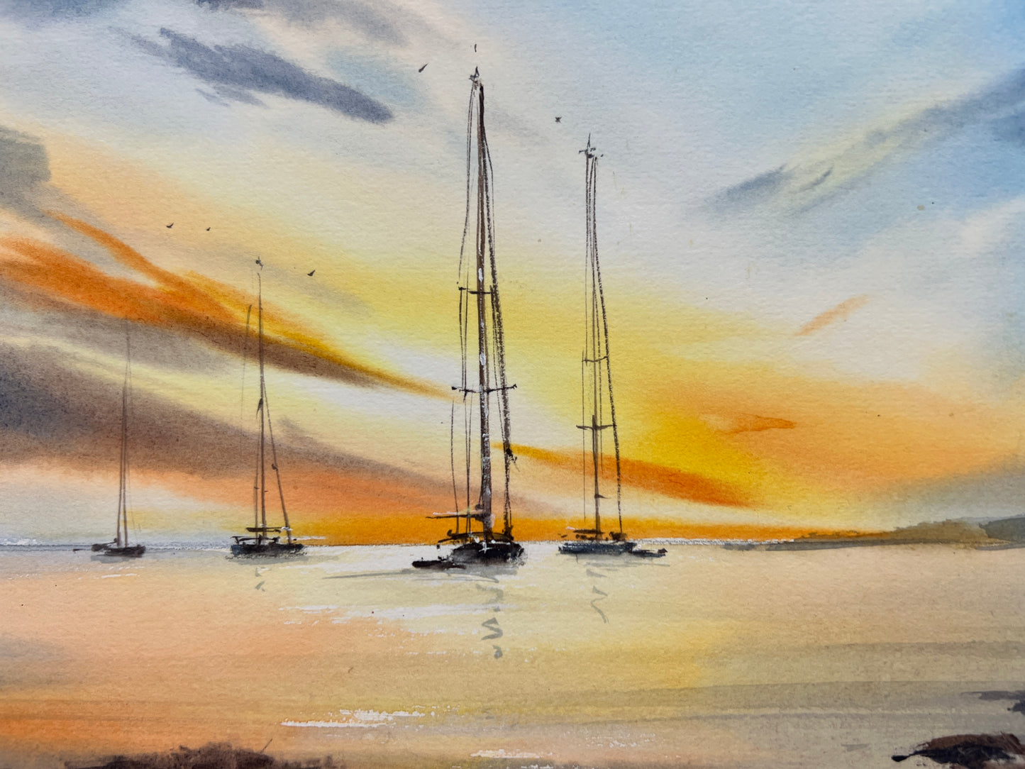 Watercolor Yachts at Sunset #20, Original Artwork, Coastal Painting 12x16