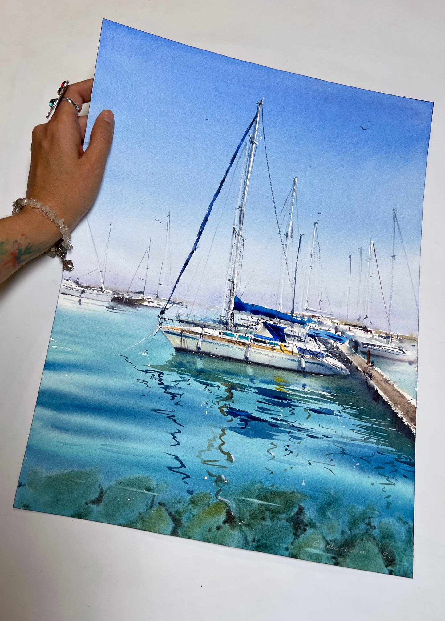 Nautical Watercolor Art: Yachts at Anchor #16 - Painting Watercolor Original