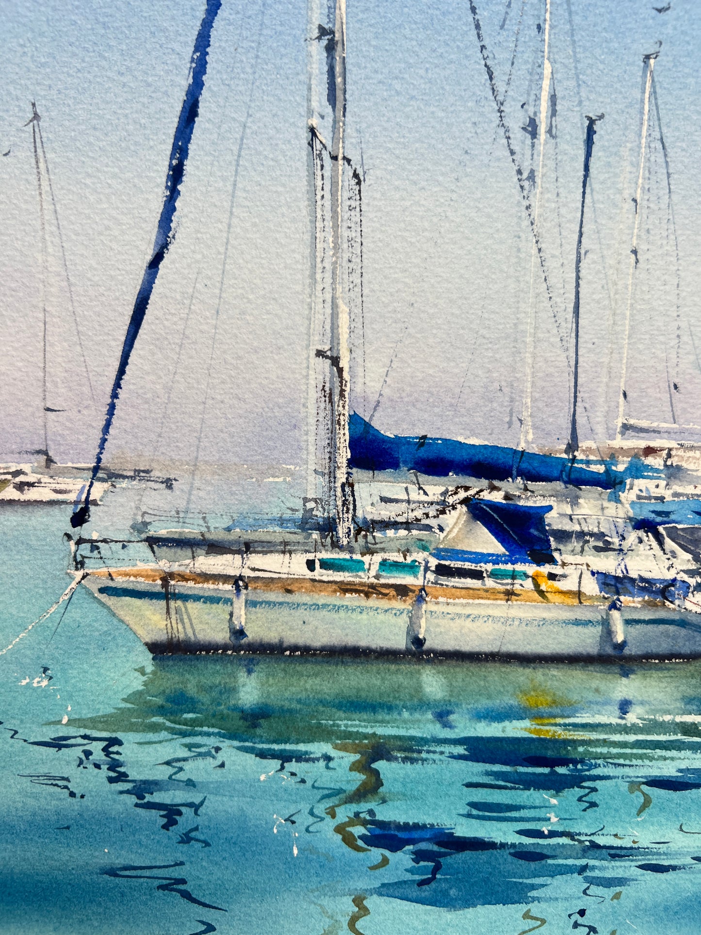 Nautical Watercolor Art: Yachts at Anchor #16 - Painting Watercolor Original