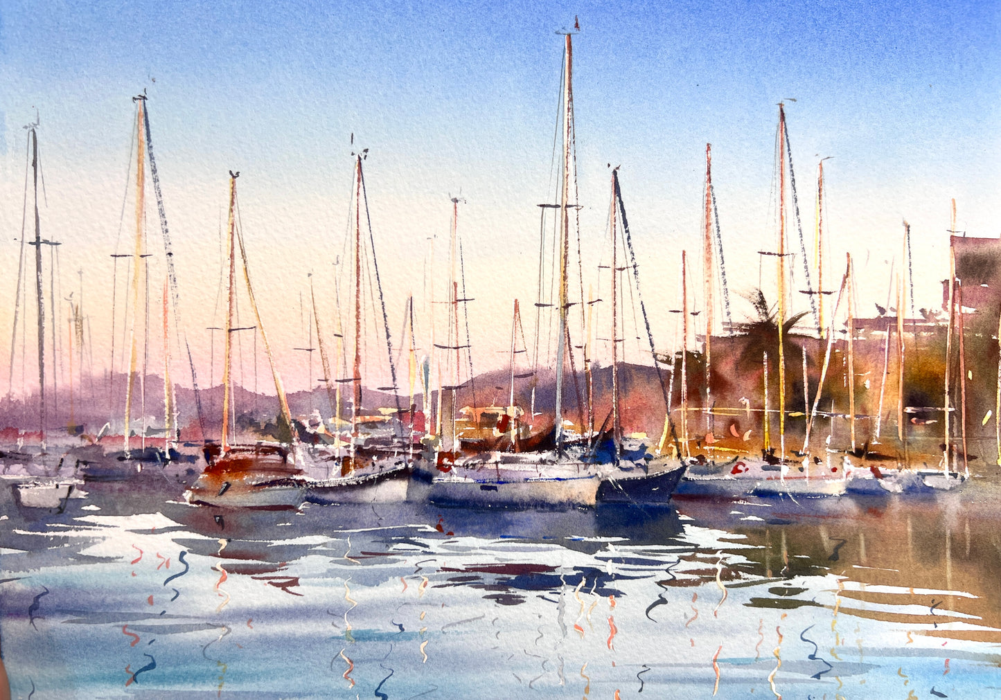 Sailboat Harbor Watercolor, Coastal Marina Painting, The Quiet Marina 12x16 (Copy)