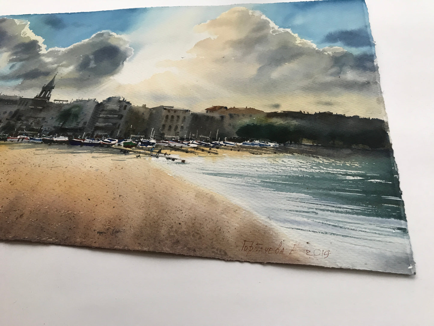 Painting Watercolor Original Artwork - Beach in Palamos - 22x15 in