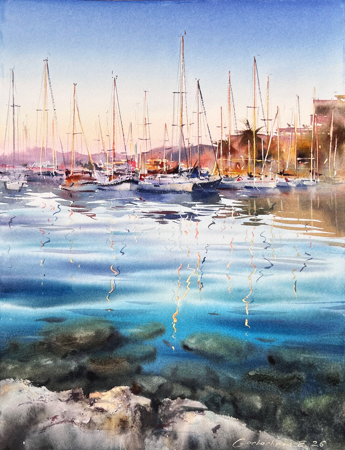 Sailboat Harbor Watercolor, Coastal Marina Painting, The Quiet Marina 12x16 (Copy)