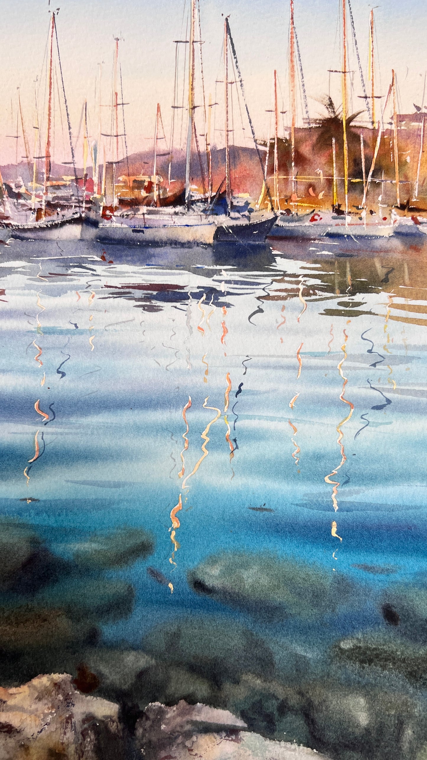 Sailboat Harbor Watercolor, Coastal Marina Painting, The Quiet Marina 12x16 (Copy)