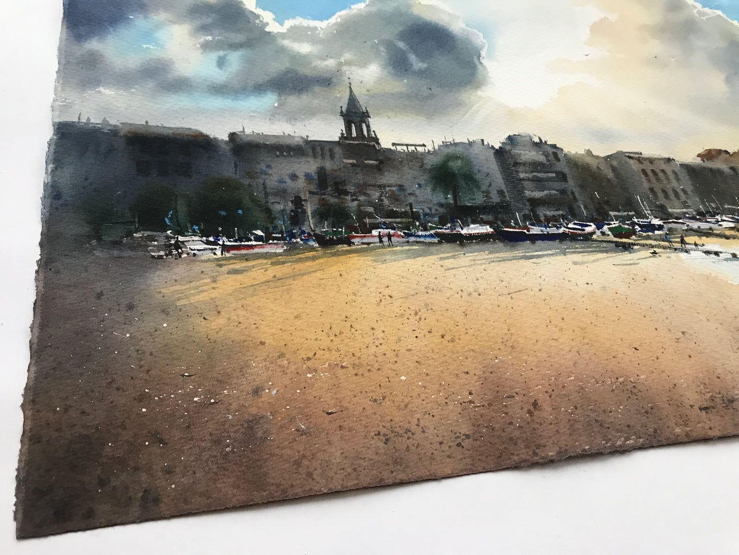 Painting Watercolor Original Artwork - Beach in Palamos - 22x15 in