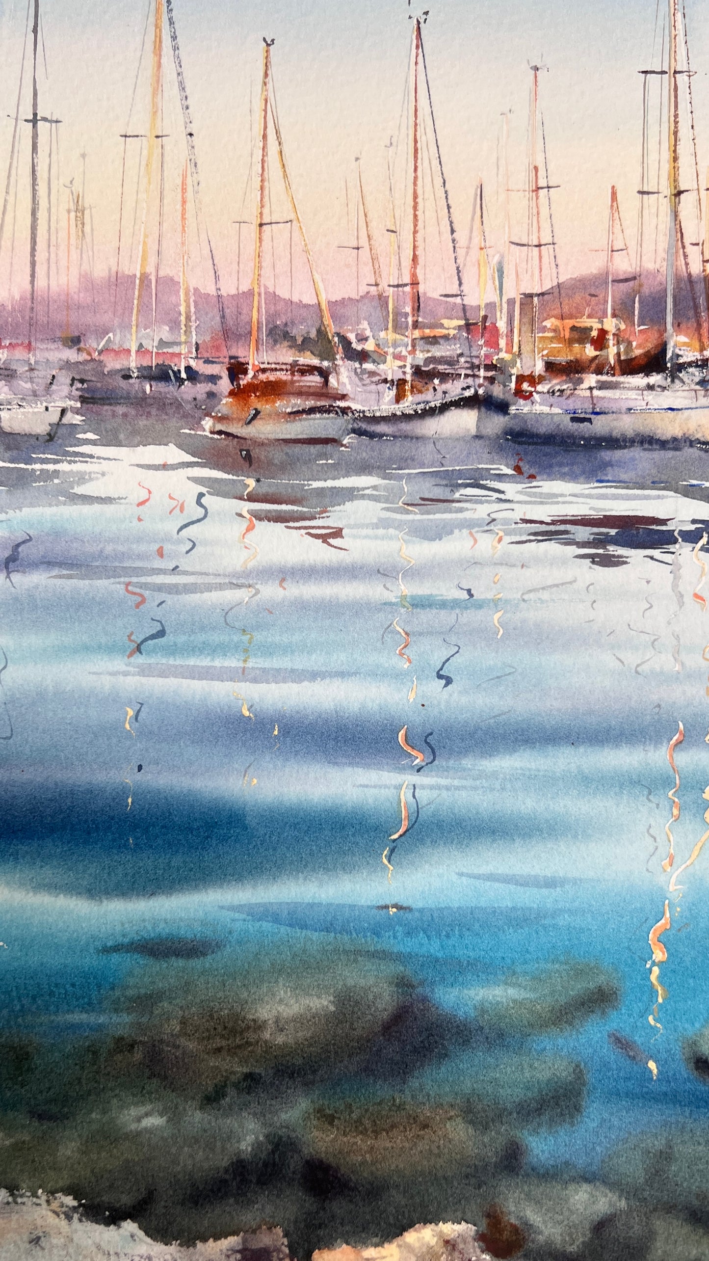 Sailboat Harbor Watercolor, Coastal Marina Painting, The Quiet Marina 12x16 (Copy)