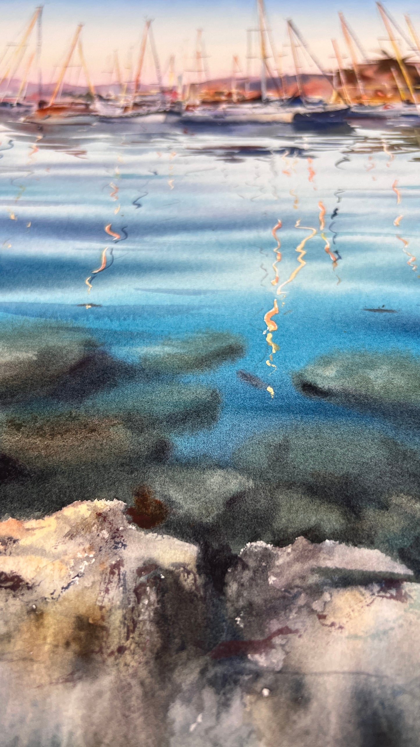 Sailboat Harbor Watercolor, Coastal Marina Painting, The Quiet Marina 12x16 (Copy)