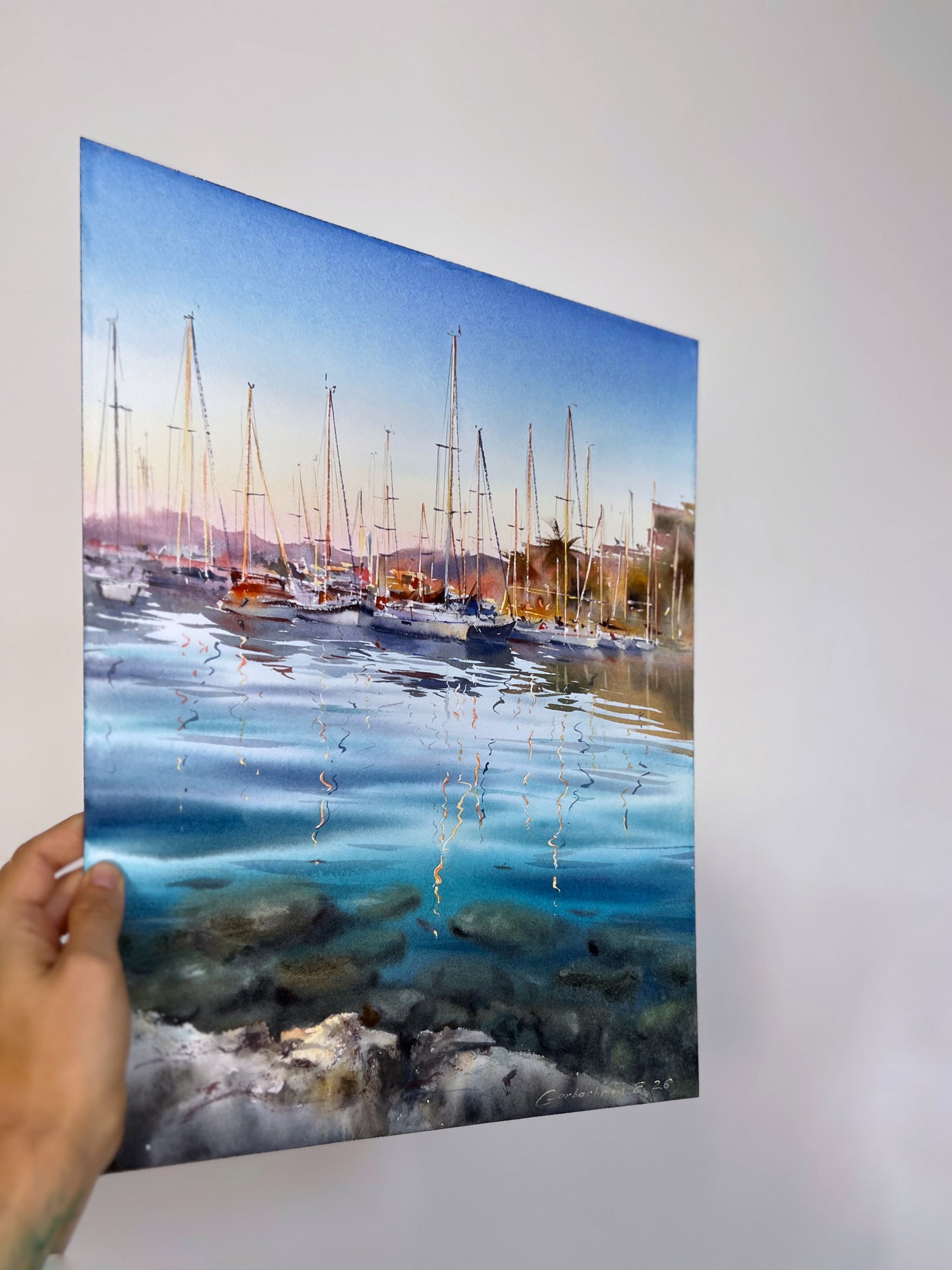 Sailboat Harbor Watercolor, Coastal Marina Painting, The Quiet Marina 12x16 (Copy)