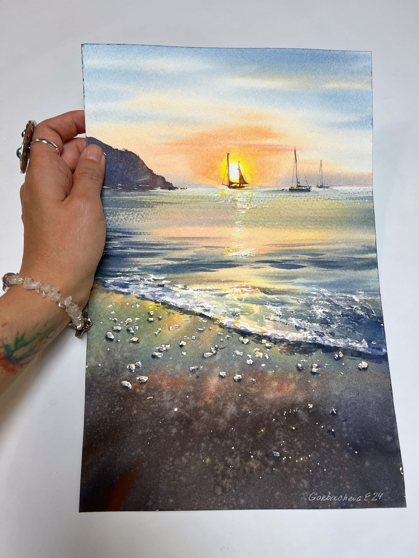 Sailboat Sunset Watercolor Original Painting - Coastal Seascape Wall Art - Sunset romance #3