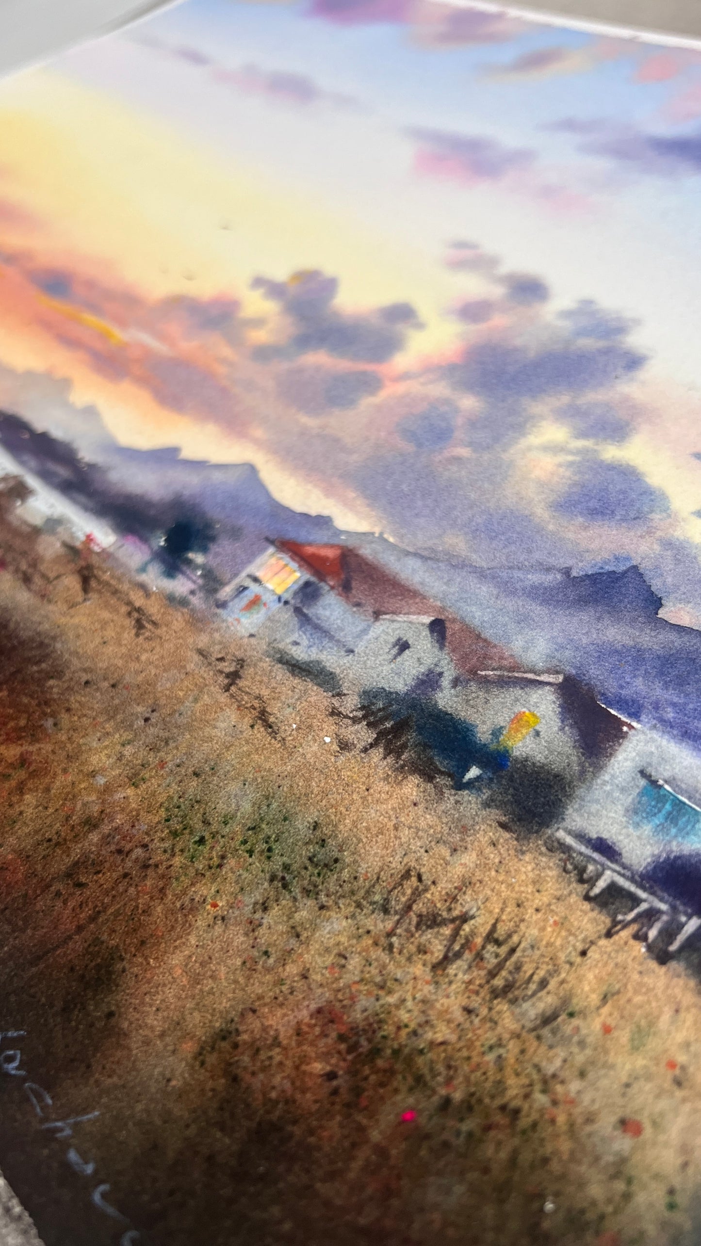 Cyprus Watercolor Painting, Coastal Village Art, Sunset Landscape, Cyprus in Golden Light 11x14 in