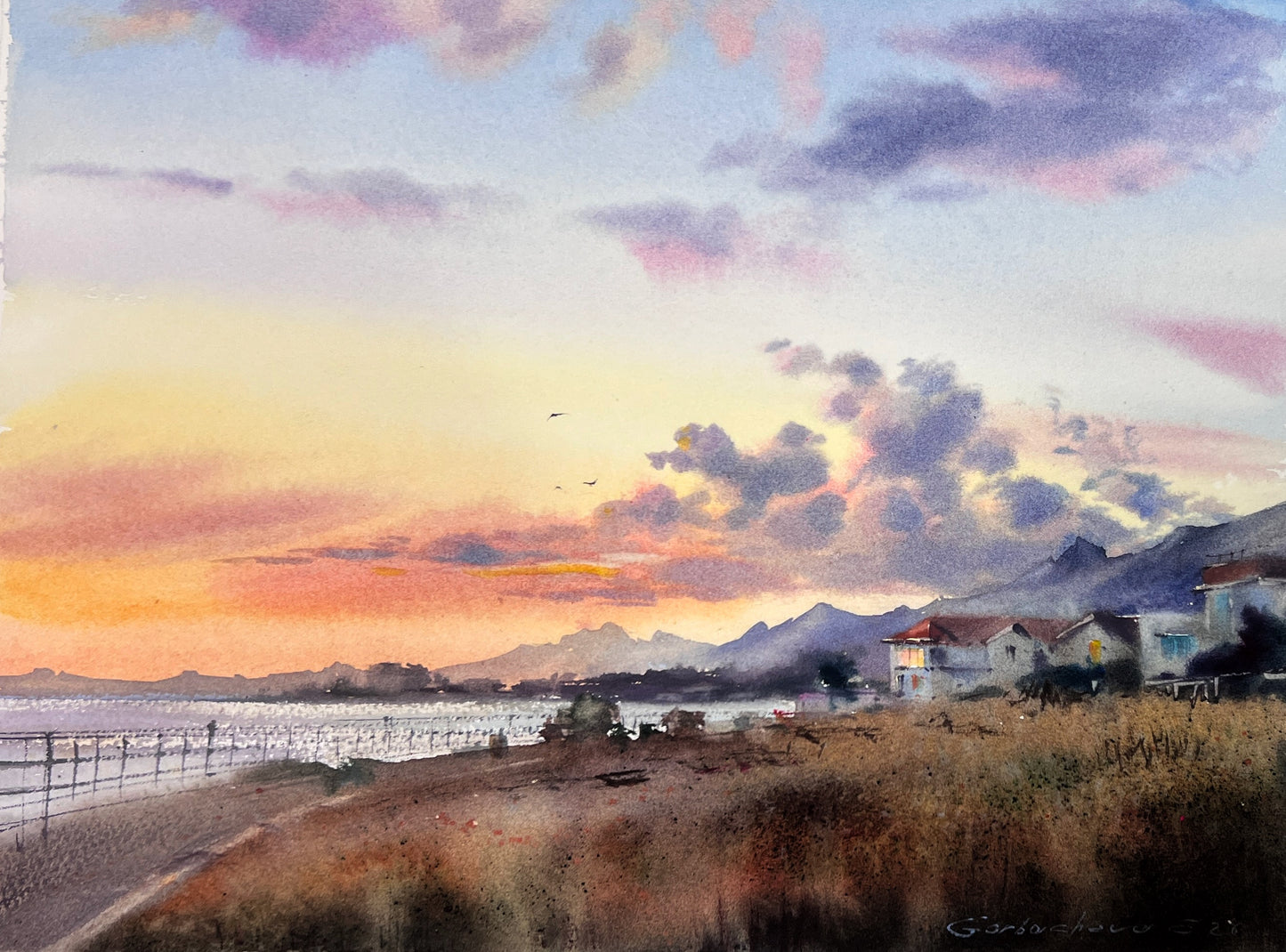 Cyprus Watercolor Painting, Coastal Village Art, Sunset Landscape, Cyprus in Golden Light 11x14 in