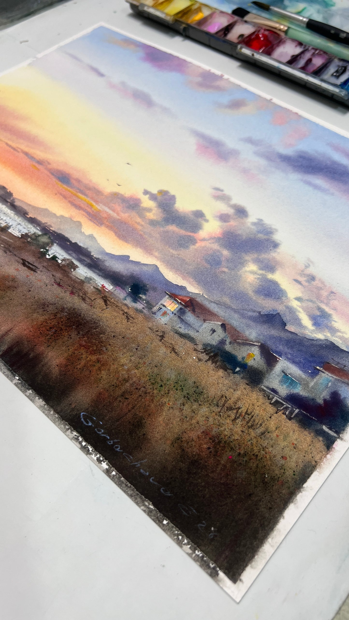 Cyprus Watercolor Painting, Coastal Village Art, Sunset Landscape, Cyprus in Golden Light 11x14 in