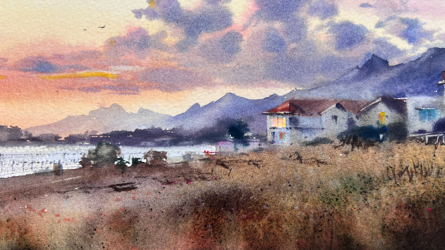 Cyprus Watercolor Painting, Coastal Village Art, Sunset Landscape, Cyprus in Golden Light 11x14 in