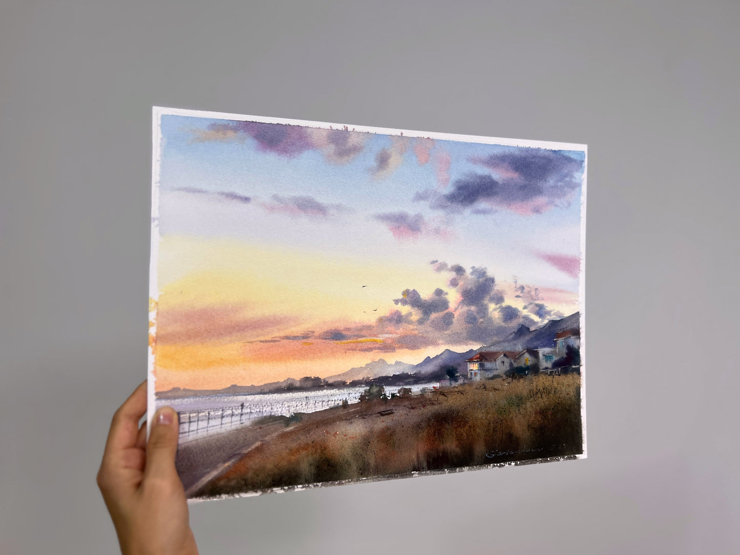 Cyprus Watercolor Painting, Coastal Village Art, Sunset Landscape, Cyprus in Golden Light 11x14 in