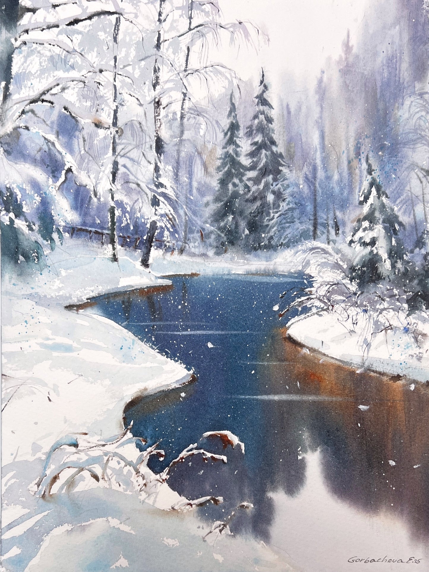 Original Winter Landscape Watercolor Painting, Snowy Forest River Art, Crystal Dawn 9x12