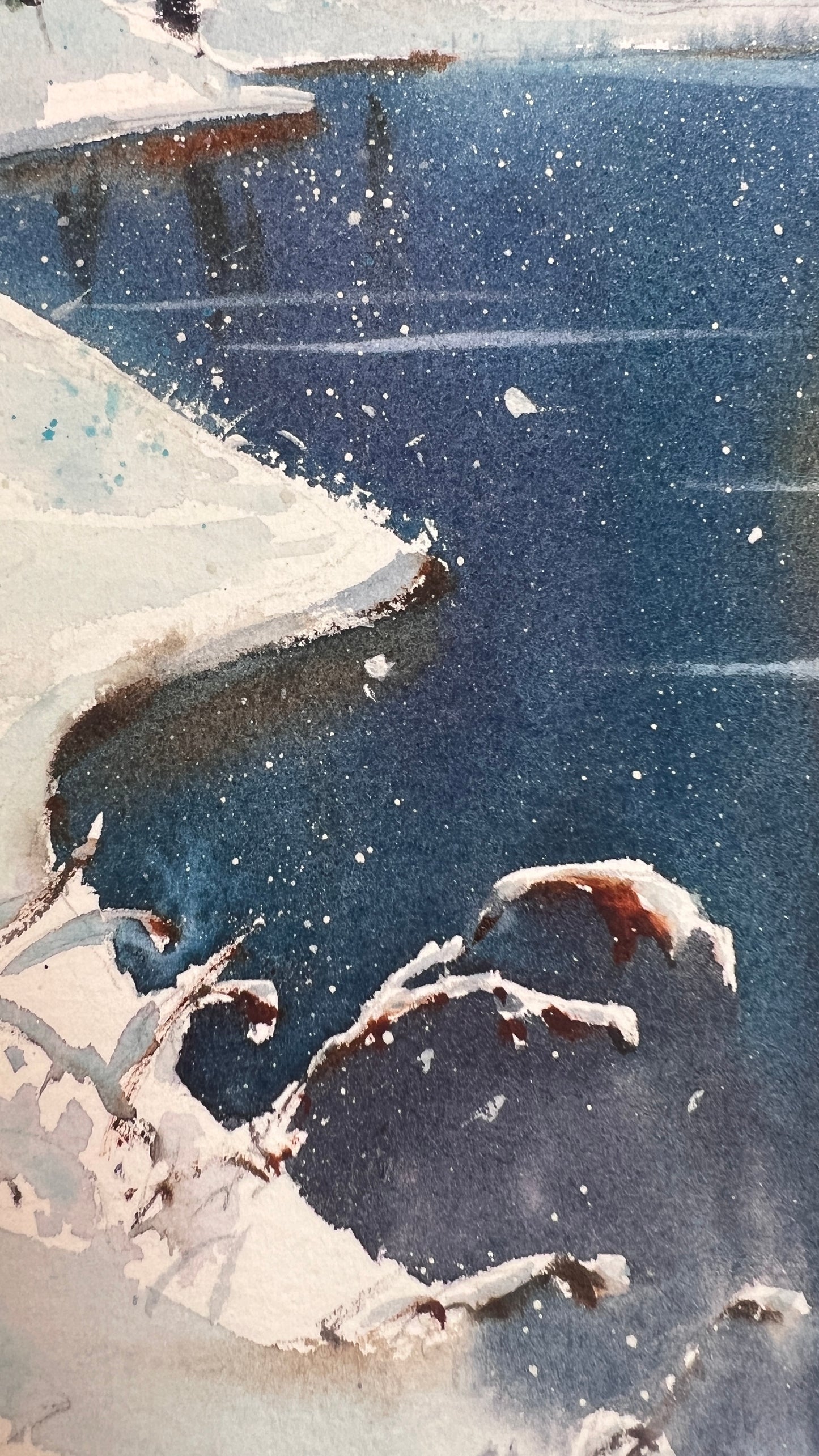 Original Winter Landscape Watercolor Painting, Snowy Forest River Art, Crystal Dawn 9x12