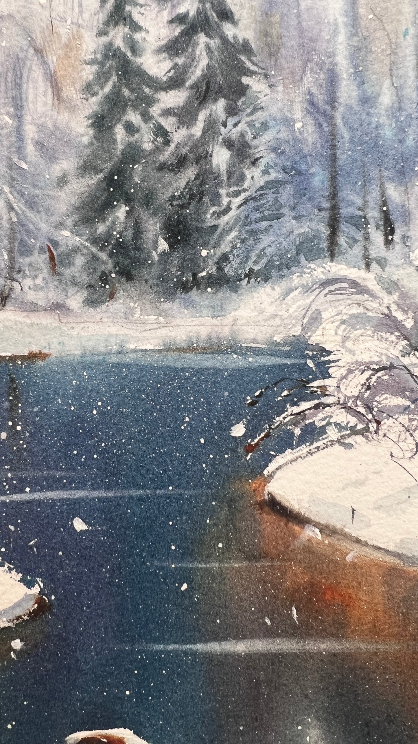 Original Winter Landscape Watercolor Painting, Snowy Forest River Art, Crystal Dawn 9x12