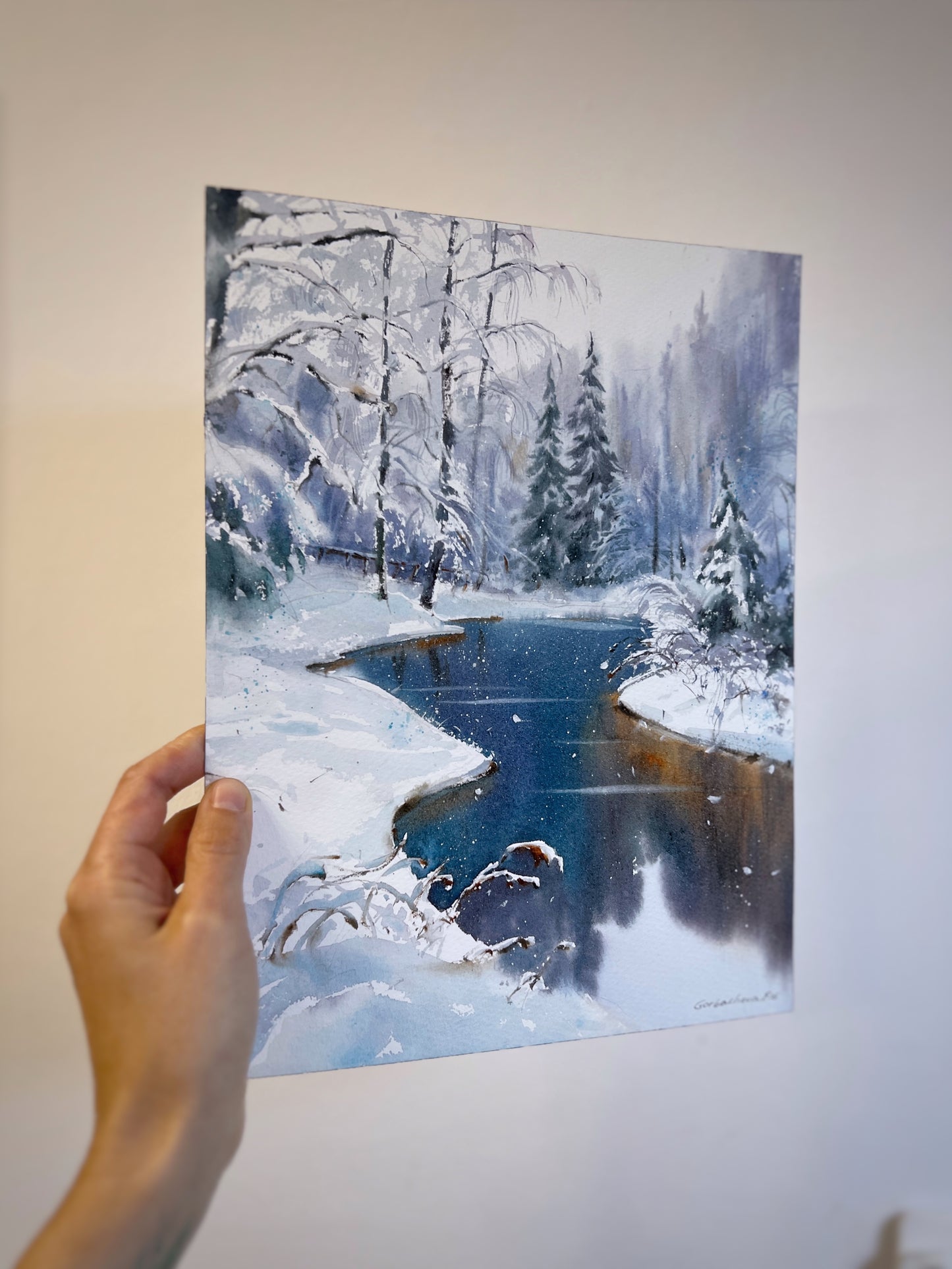 Original Winter Landscape Watercolor Painting, Snowy Forest River Art, Crystal Dawn 9x12