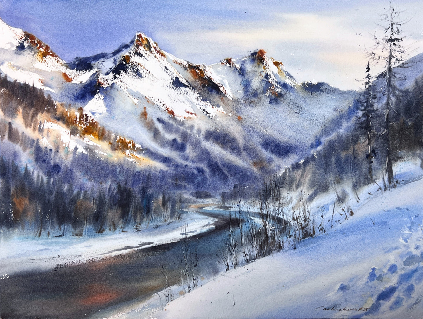 Original Mountain Landscape Watercolor, Snowy Alpine Peak Art, Blue Valley 12x16