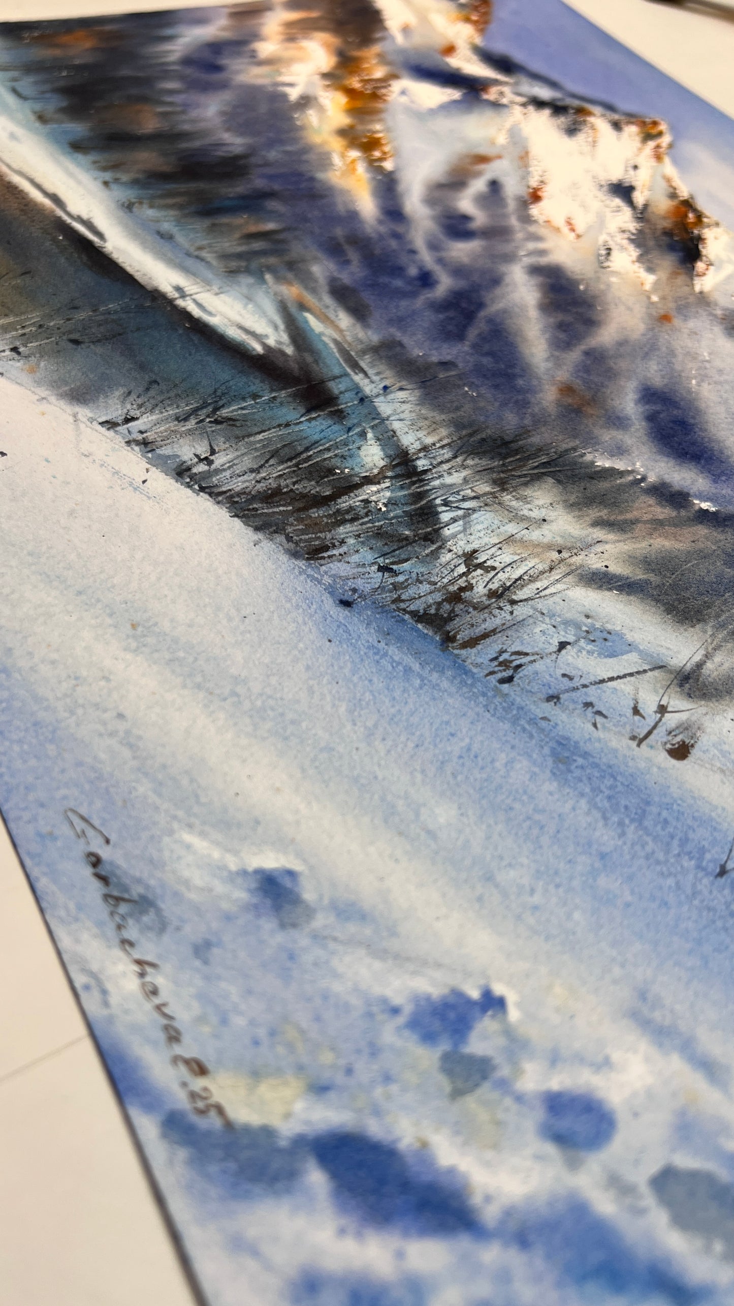 Original Mountain Landscape Watercolor, Snowy Alpine Peak Art, Blue Valley 12x16