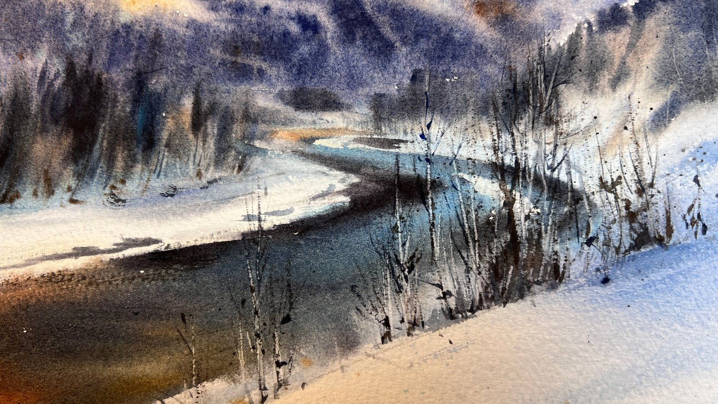 Original Mountain Landscape Watercolor, Snowy Alpine Peak Art, Blue Valley 12x16