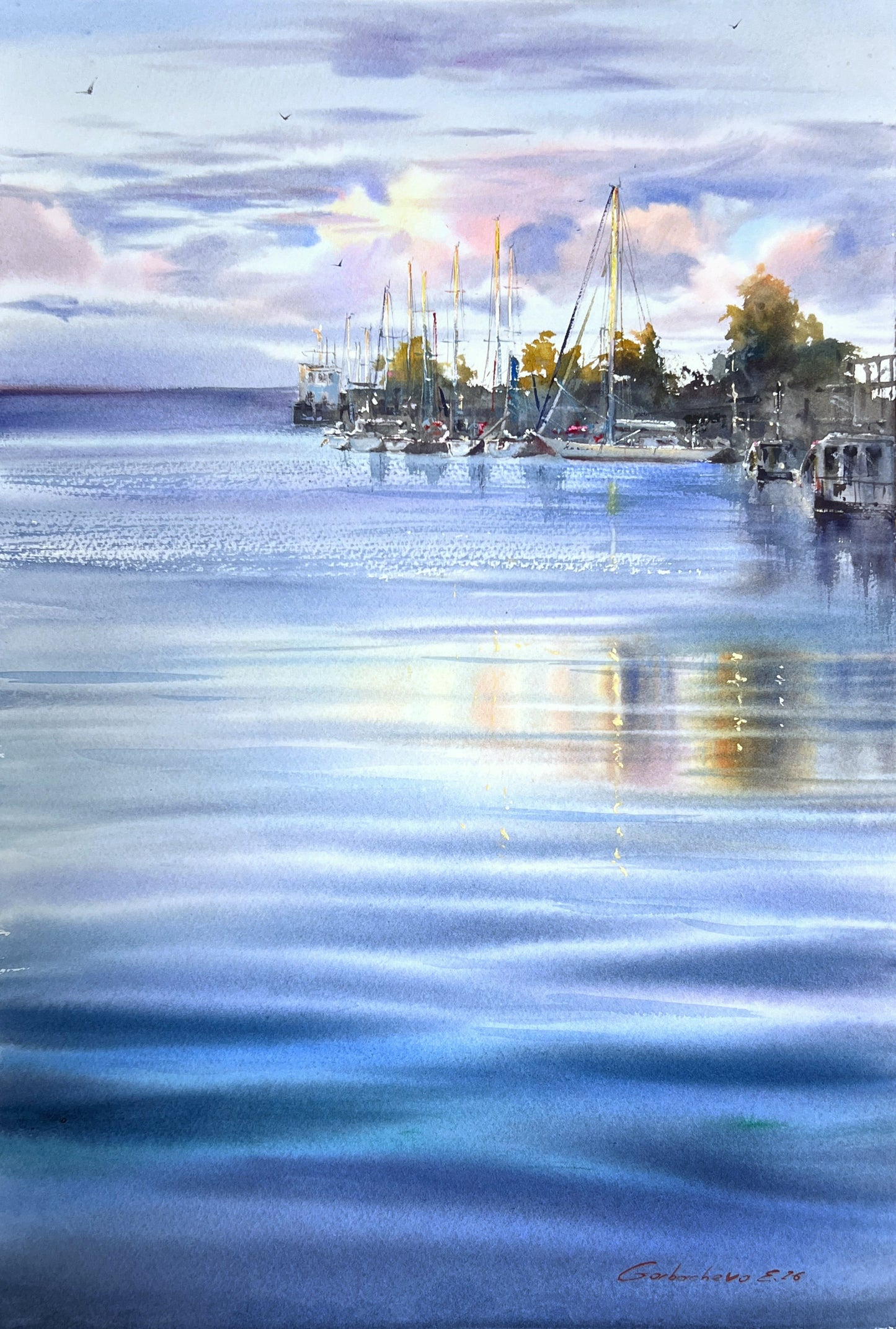 Lomonosov St Petersburg Watercolor, Russian Marina Painting, Baltic Seascape, Quiet Waters of St. Petersburg 15x22