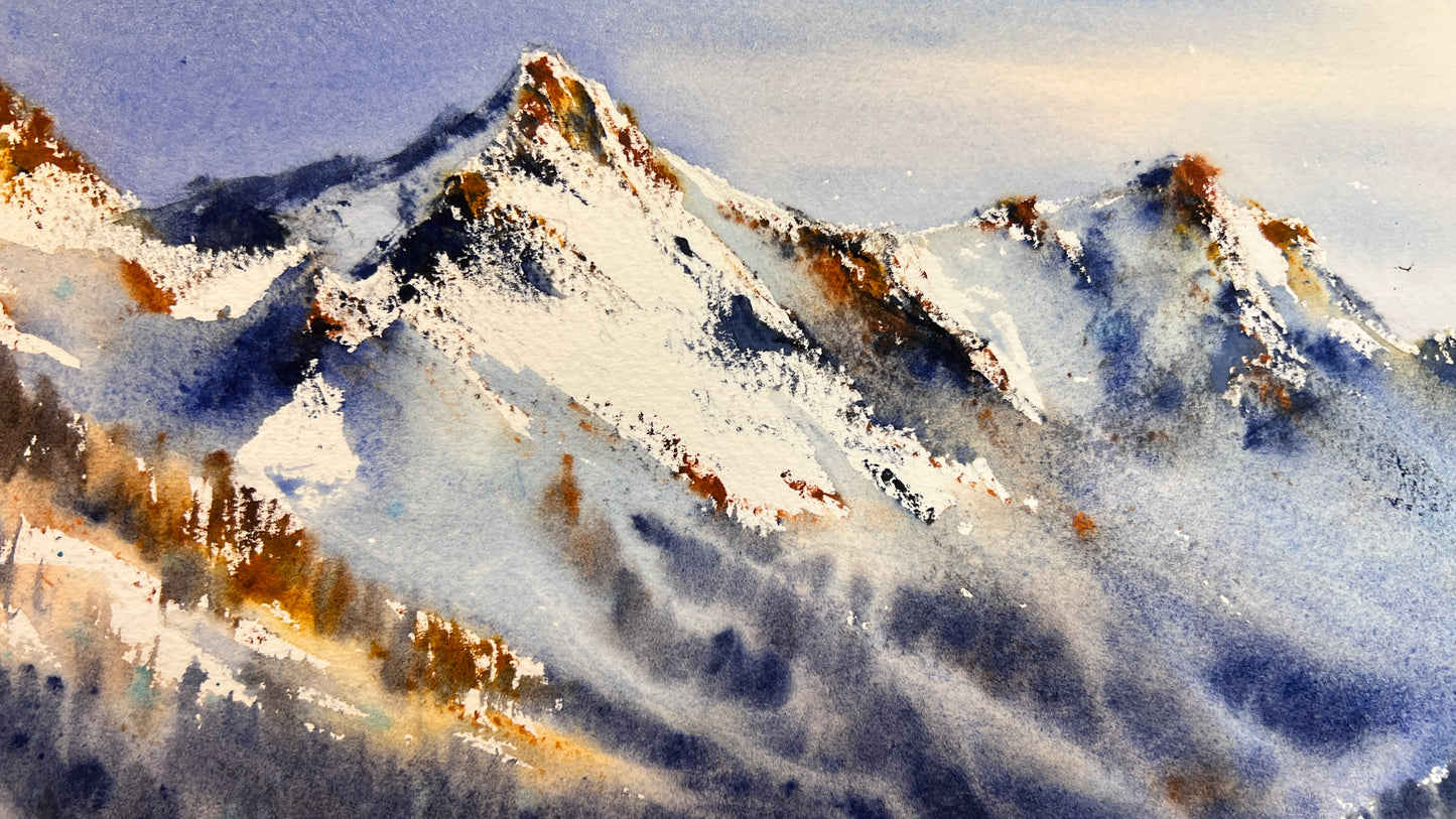 Original Mountain Landscape Watercolor, Snowy Alpine Peak Art, Blue Valley 12x16