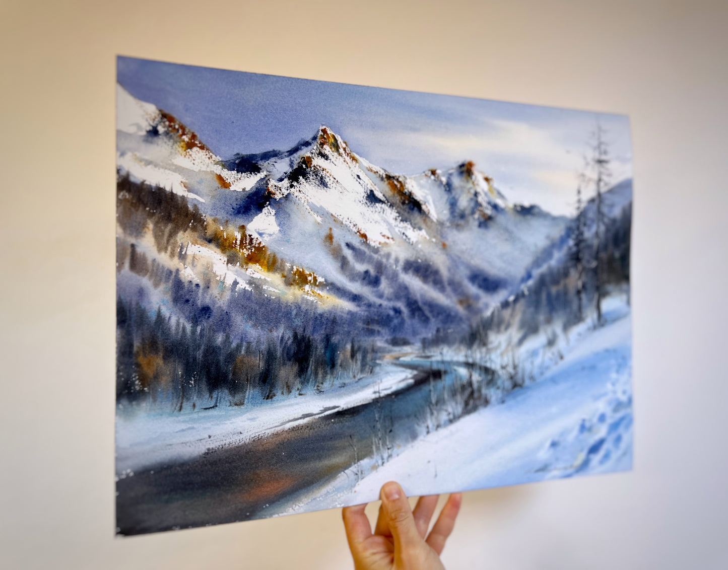 Original Mountain Landscape Watercolor, Snowy Alpine Peak Art, Blue Valley 12x16