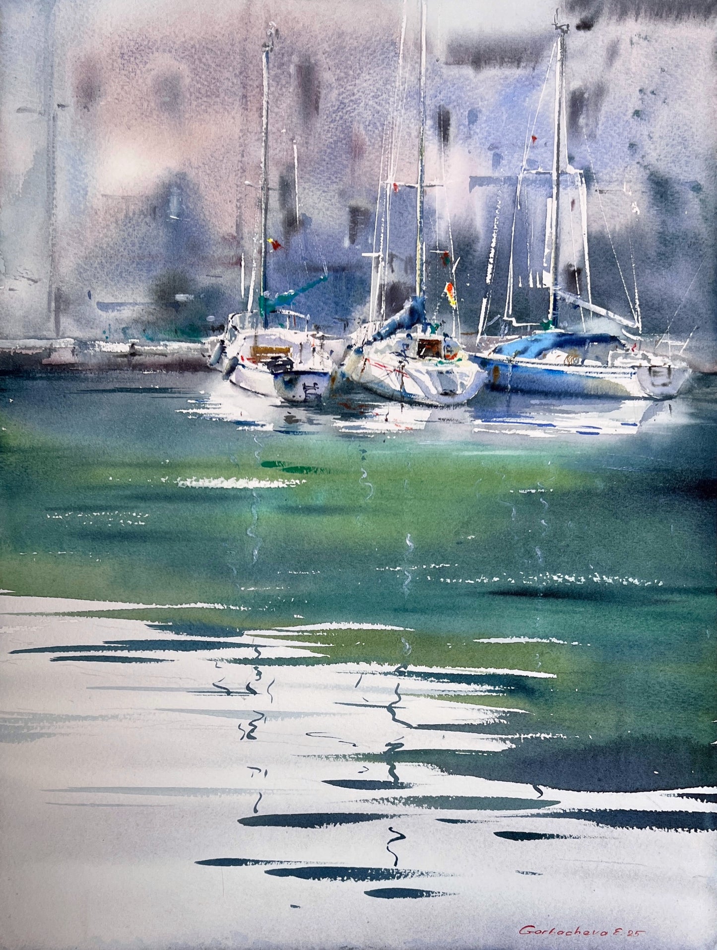 Watercolor art Original Sailboat Painting - Quiet Marina