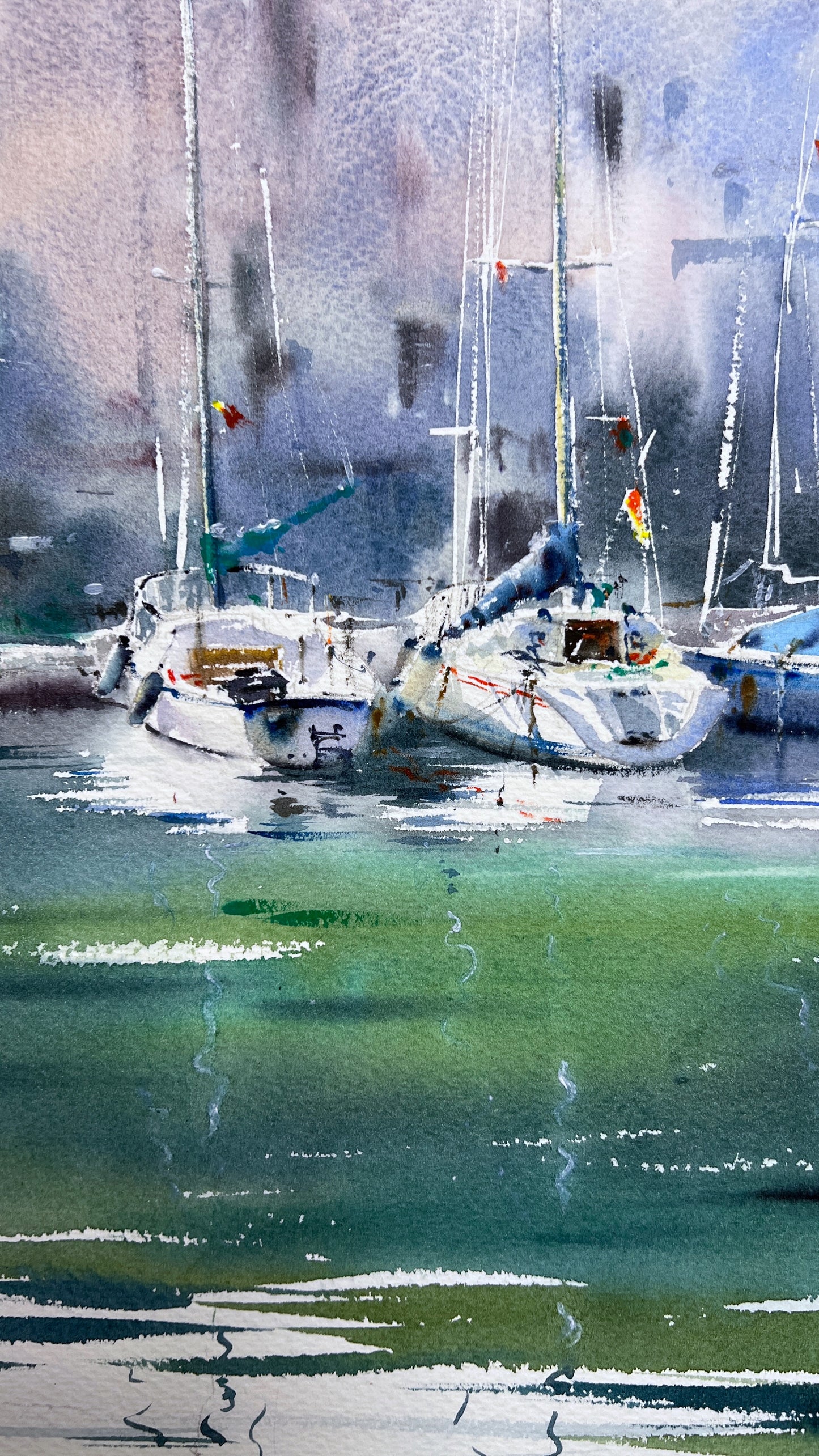 Watercolor art Original Sailboat Painting - Quiet Marina