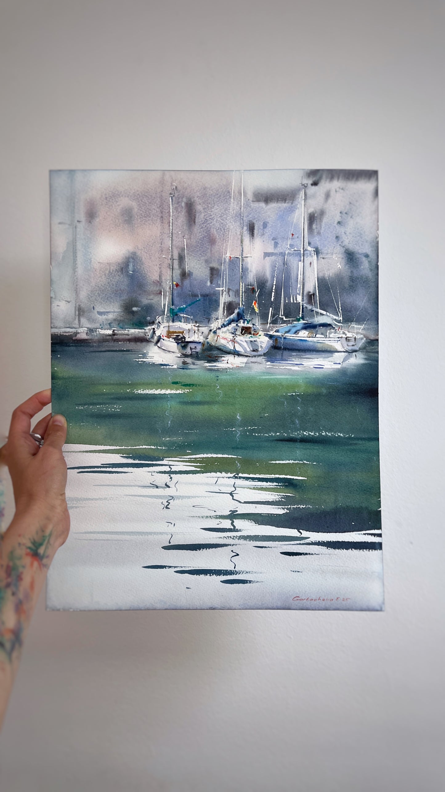 Watercolor art Original Sailboat Painting - Quiet Marina