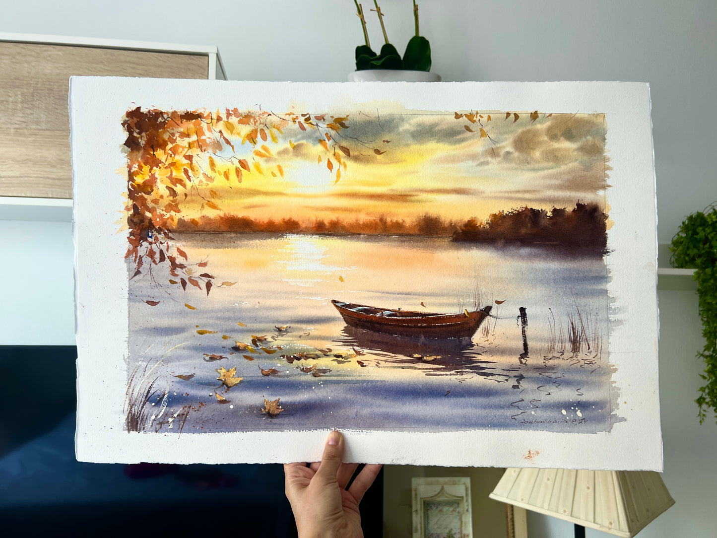 Tranquil Lake Painting: 'Autumn Sunset Boat' Watercolor Original