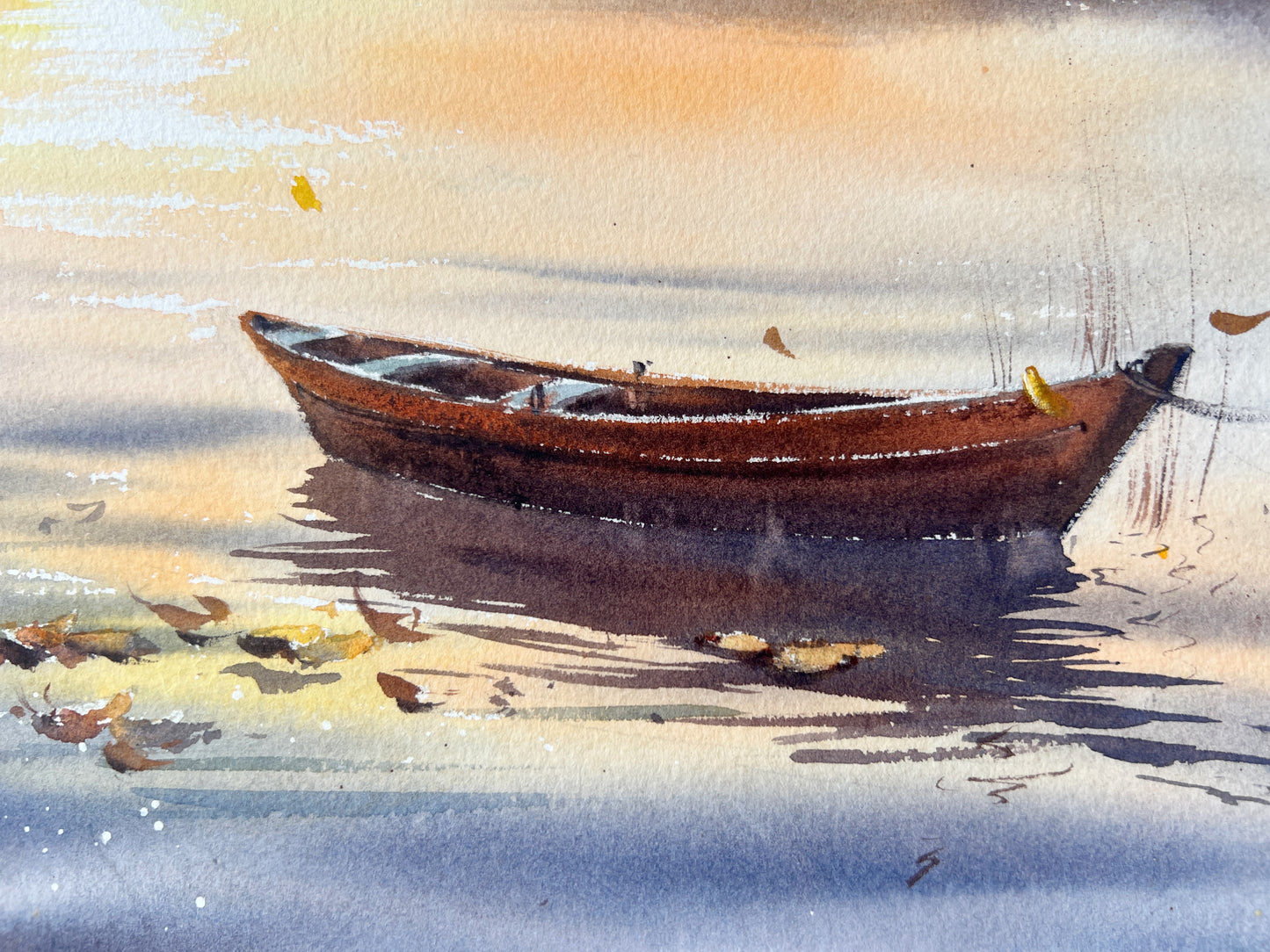 Tranquil Lake Painting: 'Autumn Sunset Boat' Watercolor Original