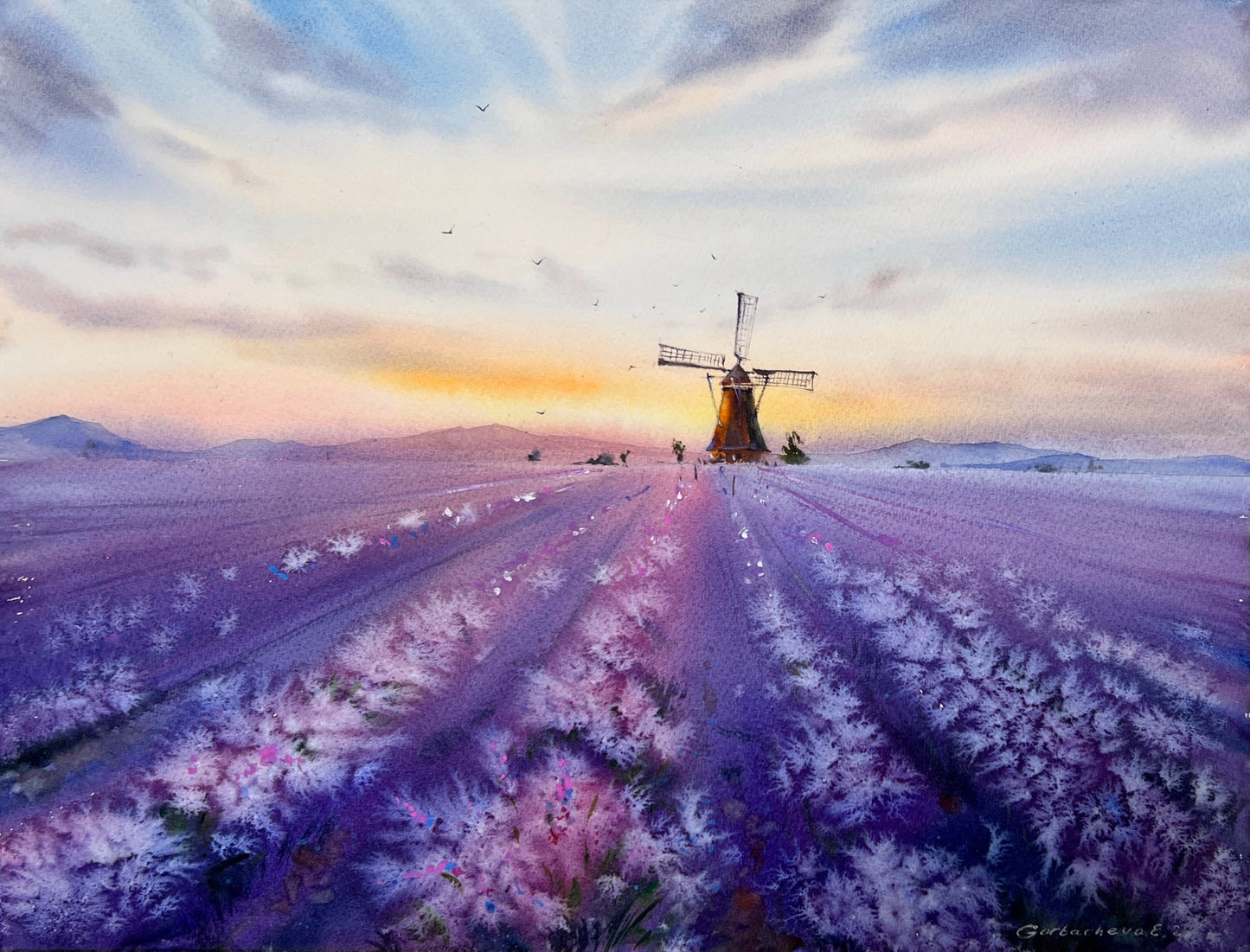 Lavender painting watercolor artwork, serene French lavender fields and mill, Whispers of Provence 12x16