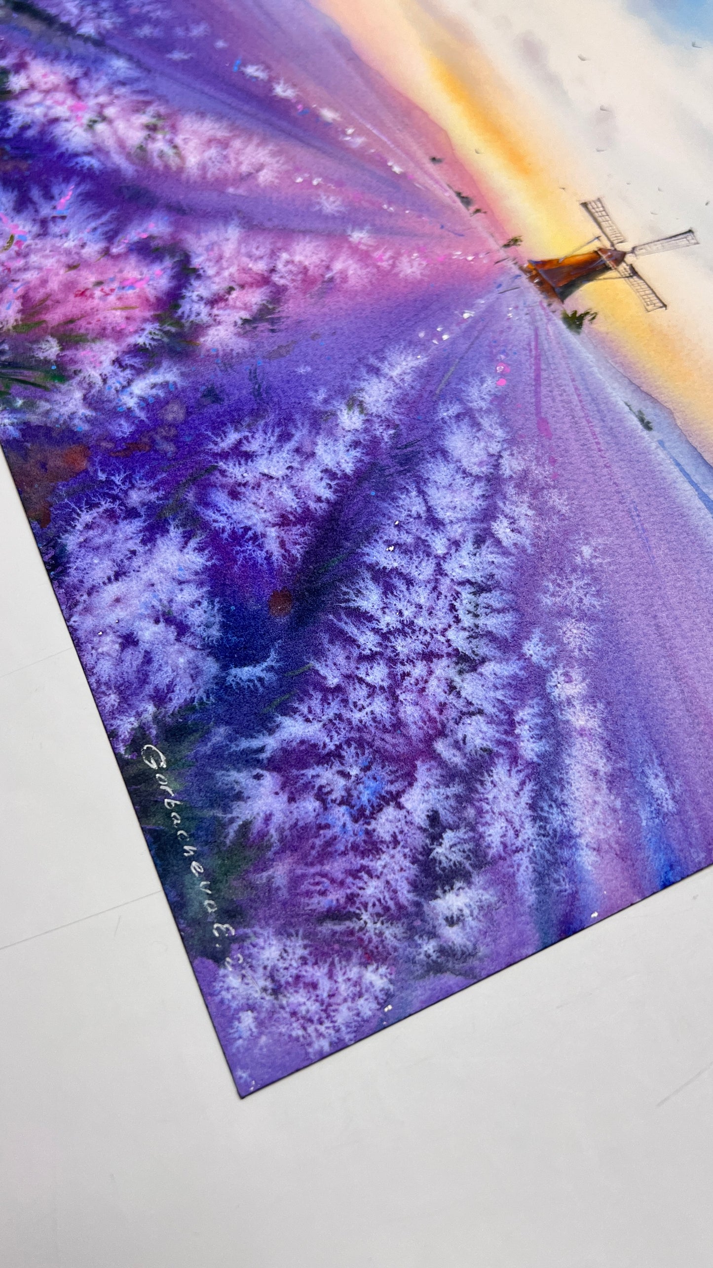 Lavender painting watercolor artwork, serene French lavender fields and mill, Whispers of Provence 12x16