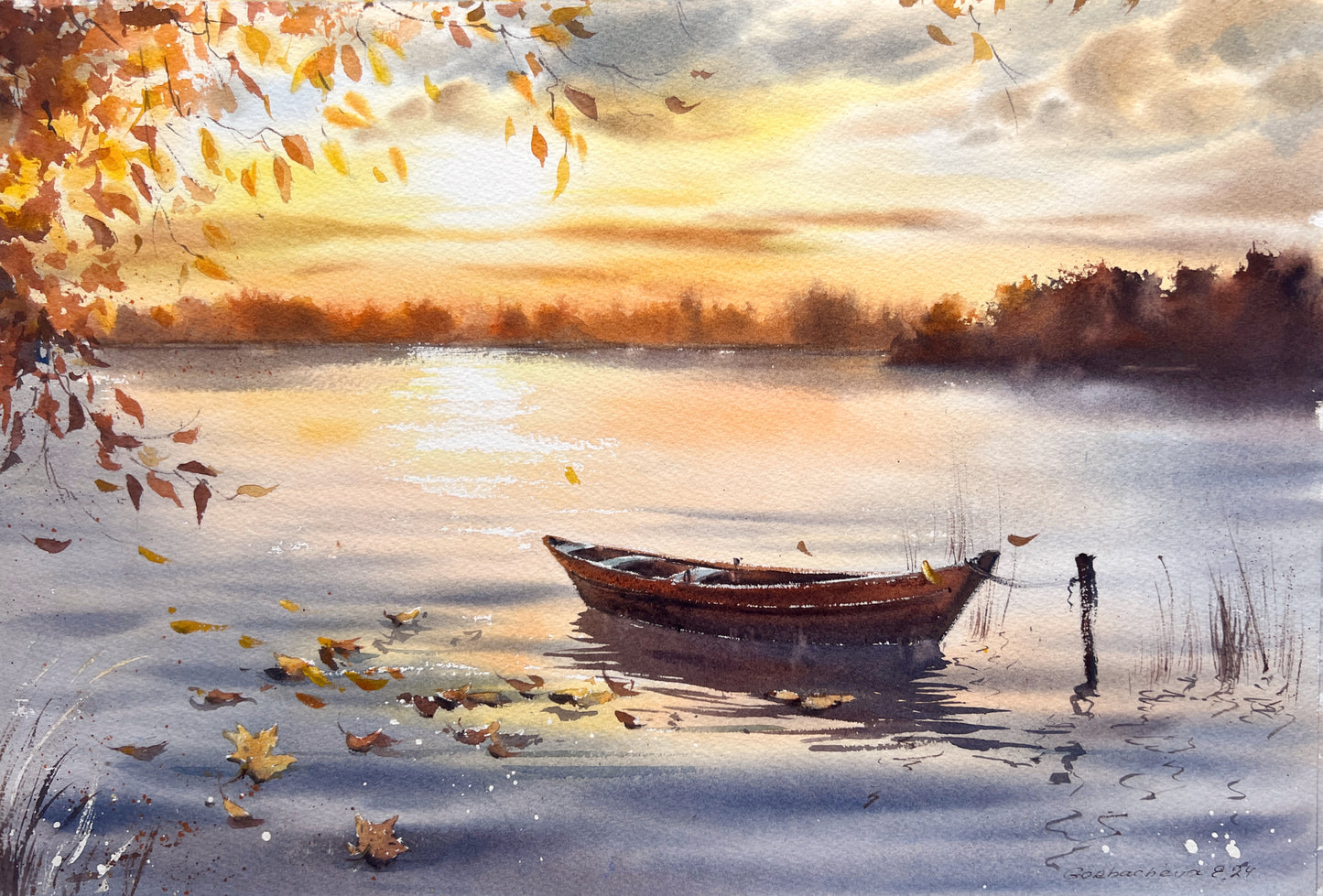 Tranquil Lake Painting: 'Autumn Sunset Boat' Watercolor Original