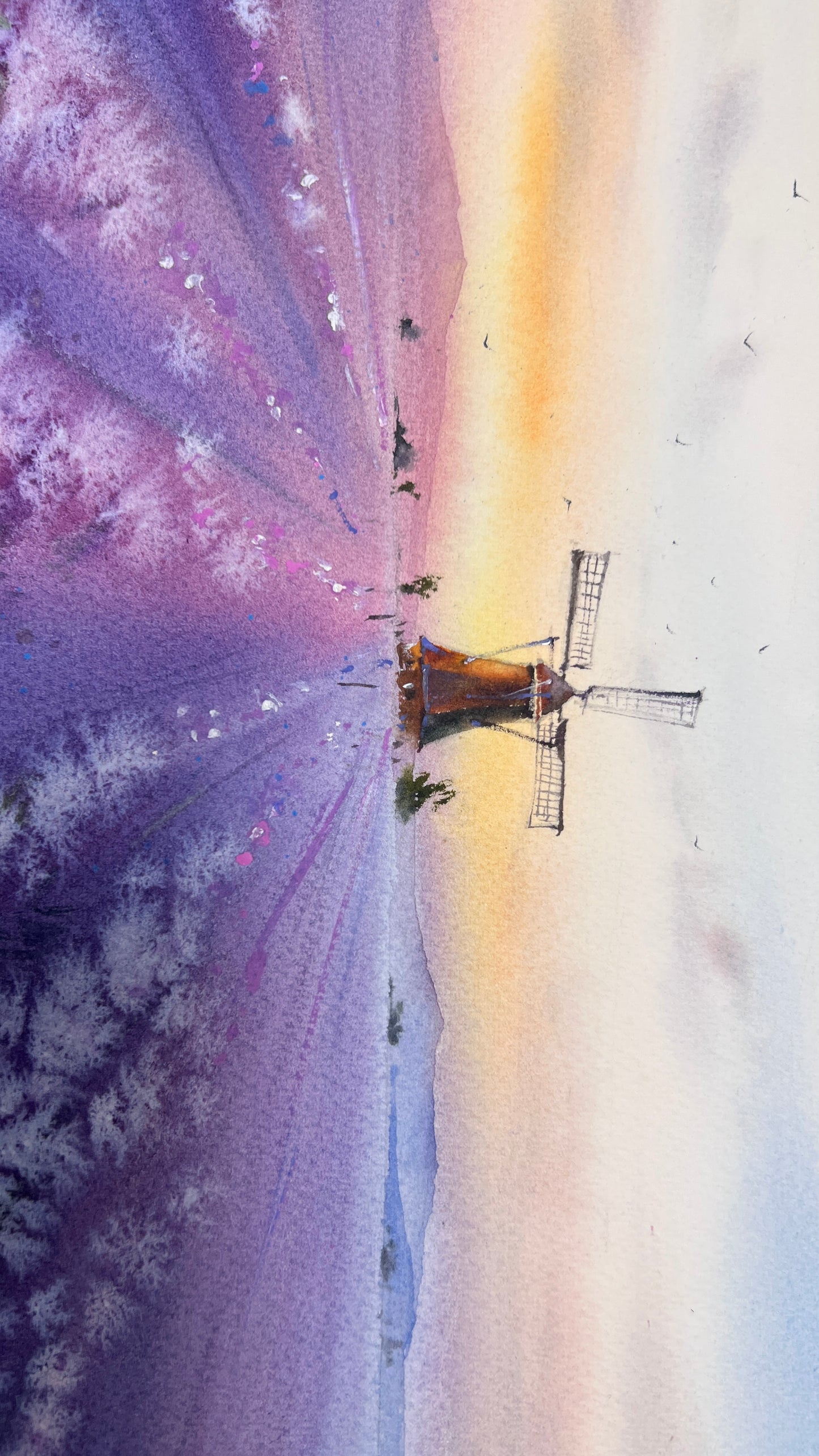Lavender painting watercolor artwork, serene French lavender fields and mill, Whispers of Provence 12x16