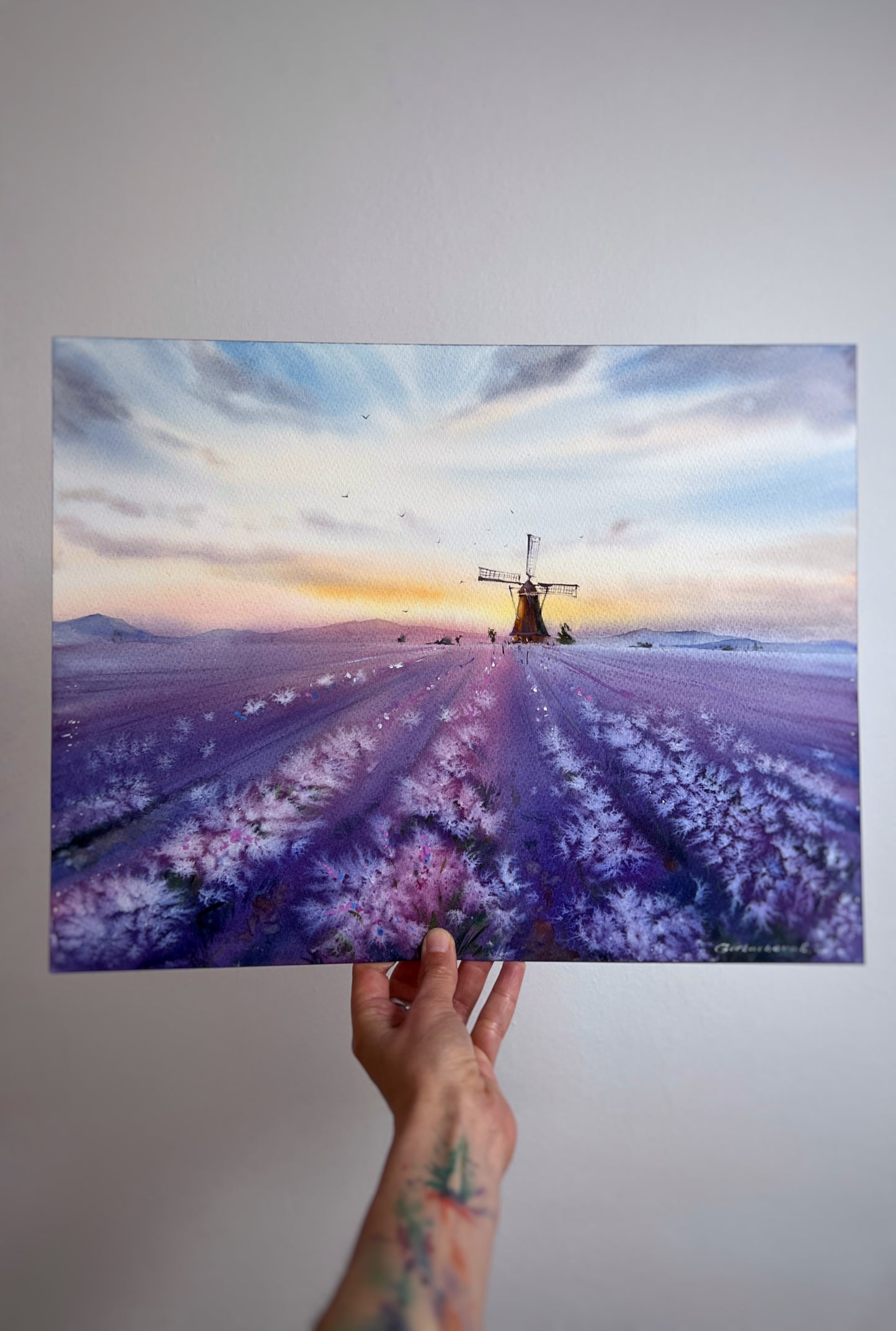 Lavender painting watercolor artwork, serene French lavender fields and mill, Whispers of Provence 12x16