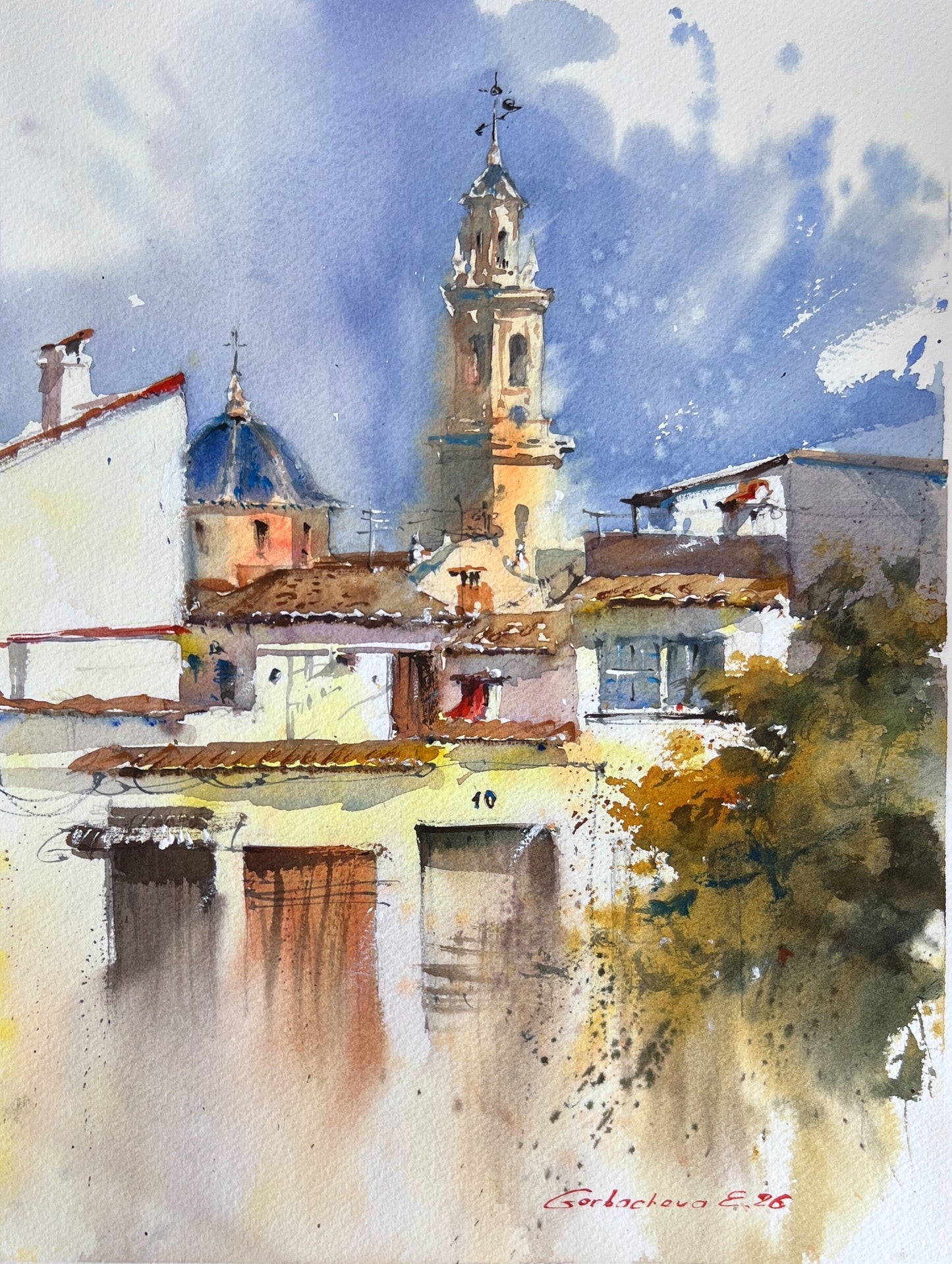 Spanish Village Watercolor Painting, Spain Architecture Art, Beneath Spanish Skies 12x16 in